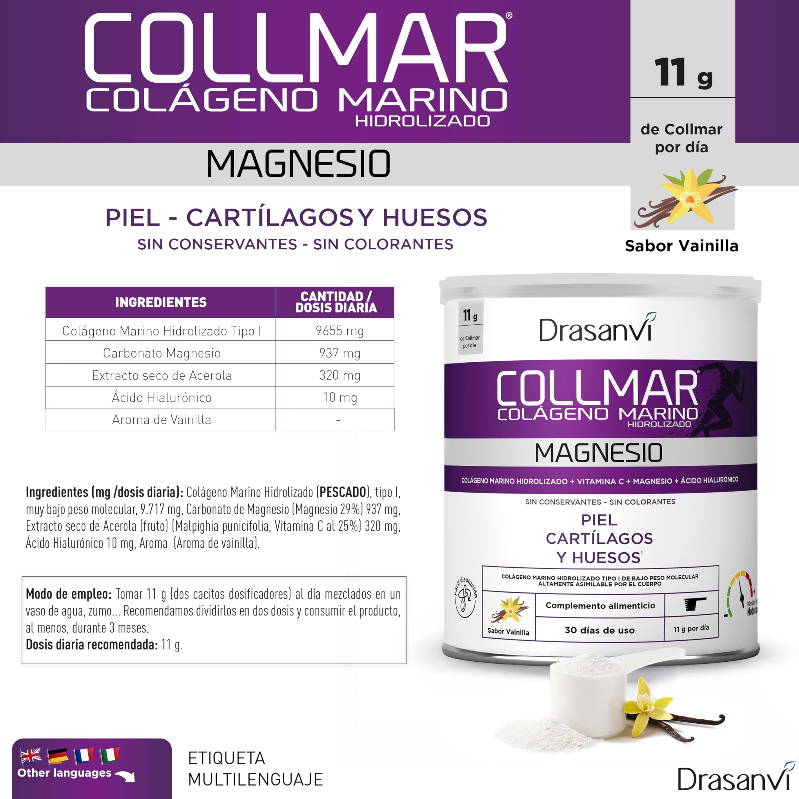 DRASANVI COLLMAR COLAGENO HIDROLIZADO con Ácido Hialurónico, Magnesio y Vitamina C Natural - Huesos, Articulaciones y Piel - Colágeno Marino 9.717 mg/día | 2 X 340 GR = 60 días | Sabor Vainilla