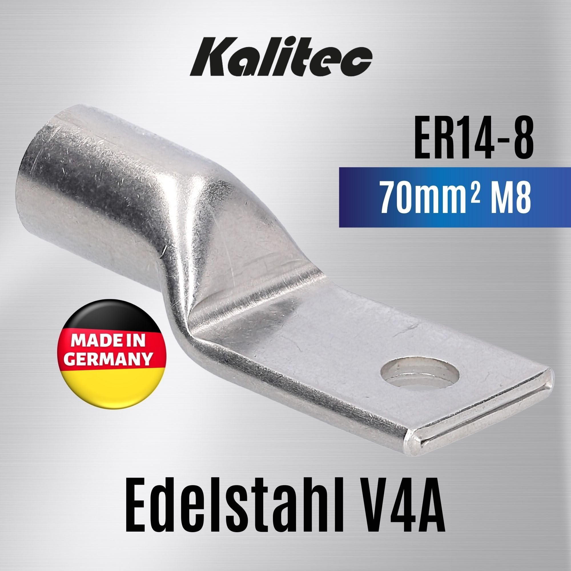 Kalitec 10x Końcówka Kablowa Oczkowa V4A 70 mm² M8 Stal Nierdzewna ER14-8 | Nierdzewne konektory rurowe, odporne na korozję i kwas, idealne do przemysłu i agresywnych środowisk morskich.