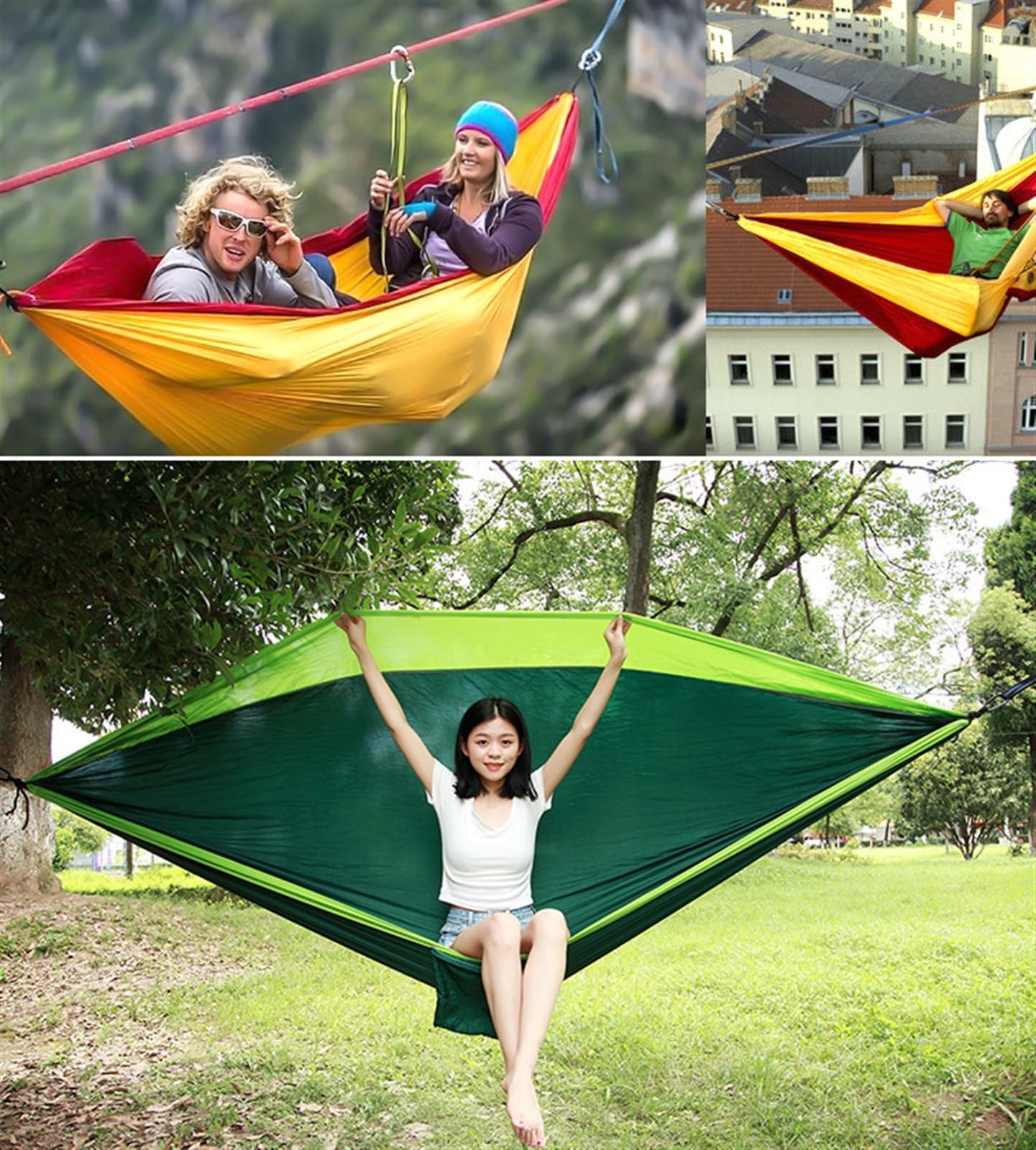 Hamaki na zewnątrz Camping Essentials przenośny hamak 305 x 180 cm, podwójny hamak na zewnątrz, piesze wycieczki i turystyczny hamak kempingowy (A)