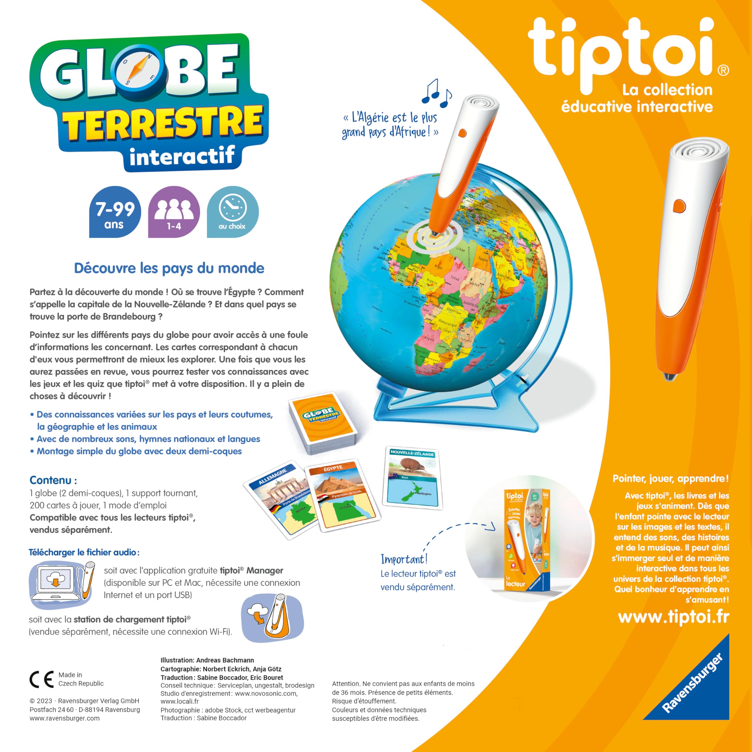 Ravensburger tiptoi Globe Interactif – Jeu Éducatif Enfant Sans Écran – Apprendre la Géographie et le Monde – 200 Cartes – Dès 7 Ans – Lecteur tiptoi Vendu Séparément – Version Française
