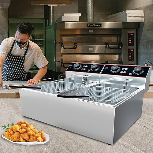 Miniatura 5 de Freidora comercial con canasta, freidora eléctrica de encimera de acero inoxidable de 23 cuartos de galón con tanque doble y control de temperatura