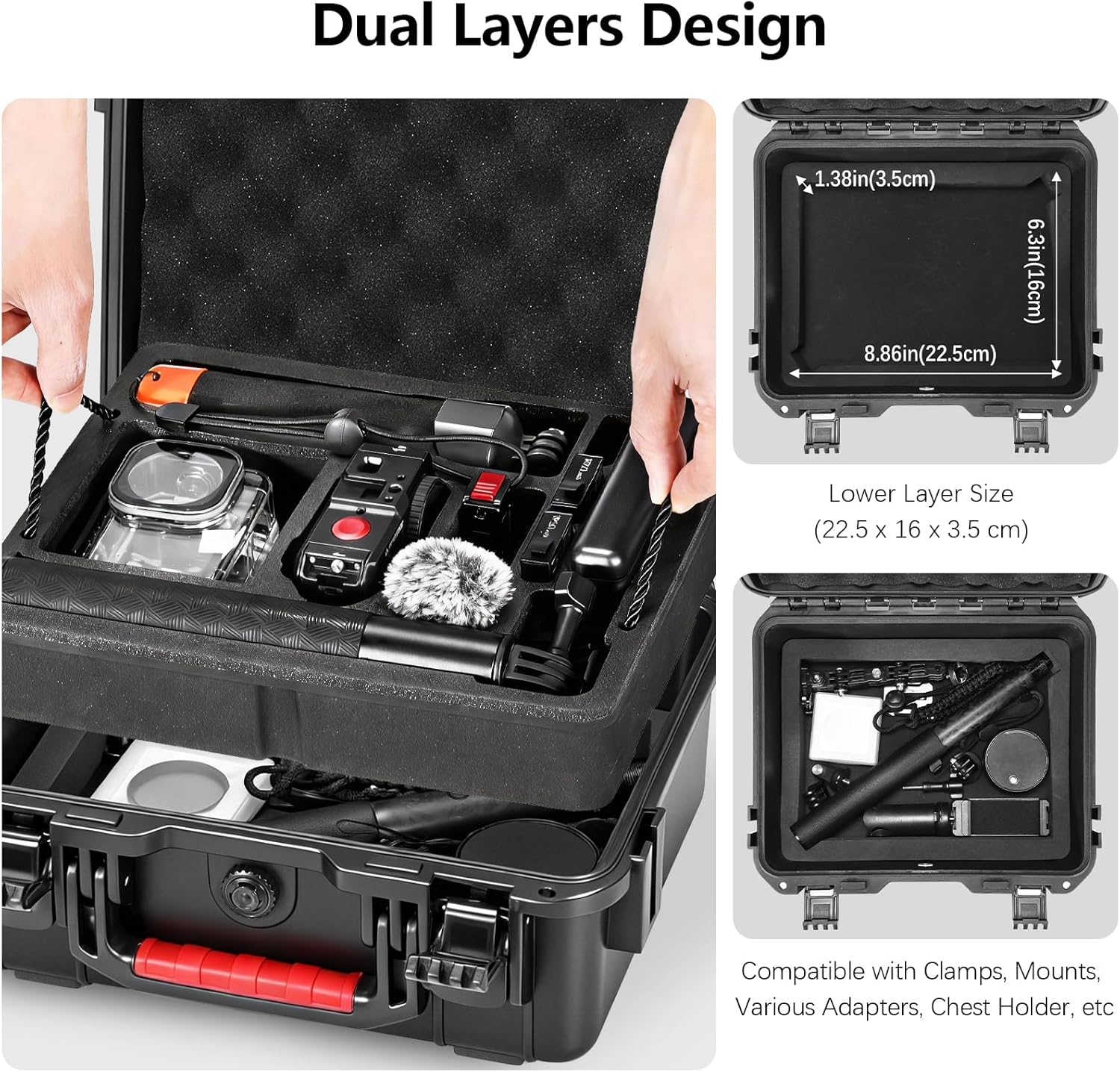 AMAZEAR Waterproof Hard Case for DJI OSMO Action 6, Action6 Pro Accessory Dual Layer Shockproof Carrying Box Hardshell Travel Case with Soft EVA Inner, Shoulder Strap Included, Black