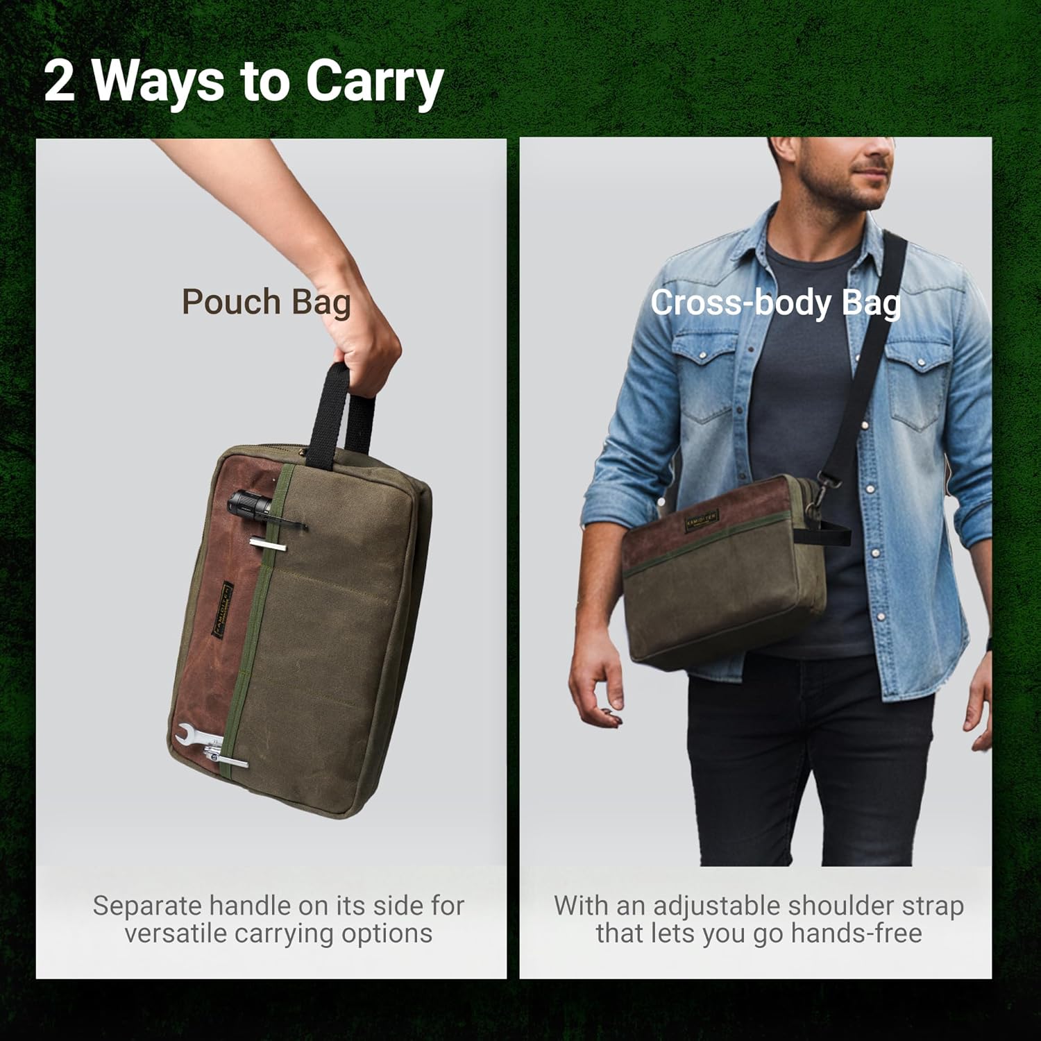 Heavy Duty Waxed Canvas Tool Punch with Carrying Handle & Adjustable Shoulder Strap, 12-Inch Durable Multipurpose Utility EDC Small Storage Bag for Tools, Army Green