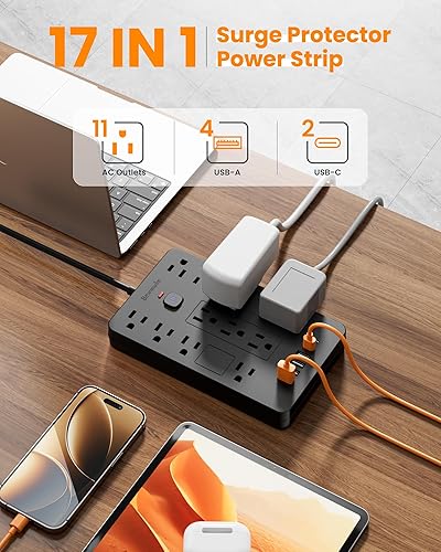 Miniatura 2 de Regleta protectora de sobretensiones, 11 tomas de corriente (1850 W15 A) con 6 puertos USB (2 USB C), cable de extensión de enchufe plano de 6 pies,