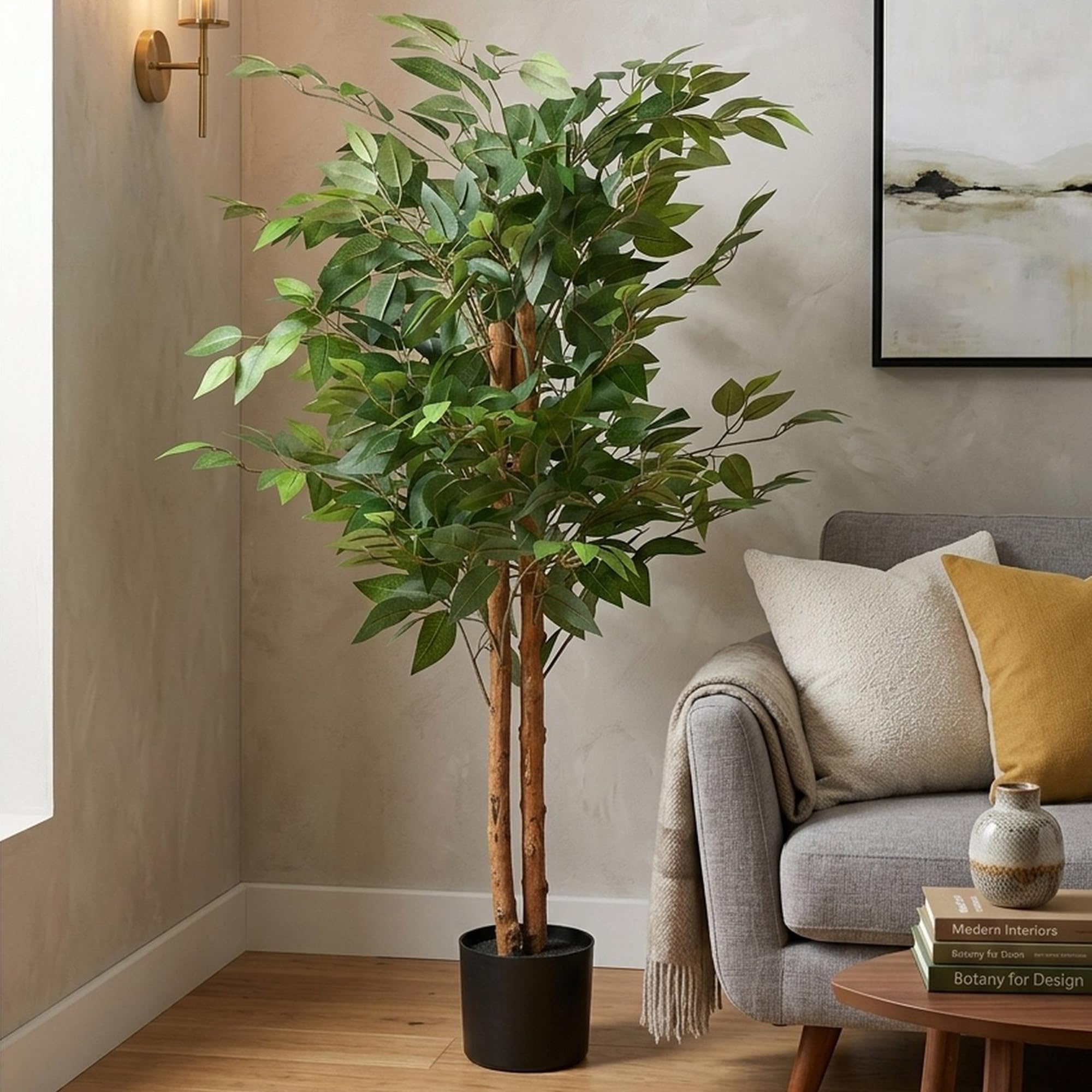 Well Home Planta Artificial Decorativa Grande Realista para Interiores: Ficus Artificial de 120cm con Maceta