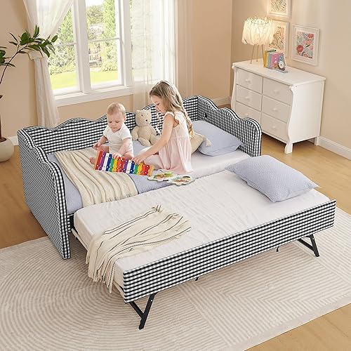 Twin Size Upholstered Daybed with Trundle, Convertible Twin to King Sofa Bed Frame with USB Charging Ports & Wave Backrest, Linen Fabric Guest Bed for Kids Teens Adults, No Box Spring Needed, Black