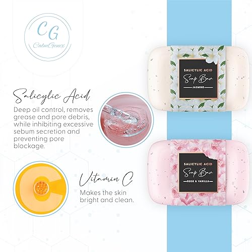 Miniatura 5 de Barra de jabón de ácido salicílico, paquete de 2, jazmín, rosa y vainilla, jabón facial limpiador y exfoliante de ácido salicílico  Jabón facial de