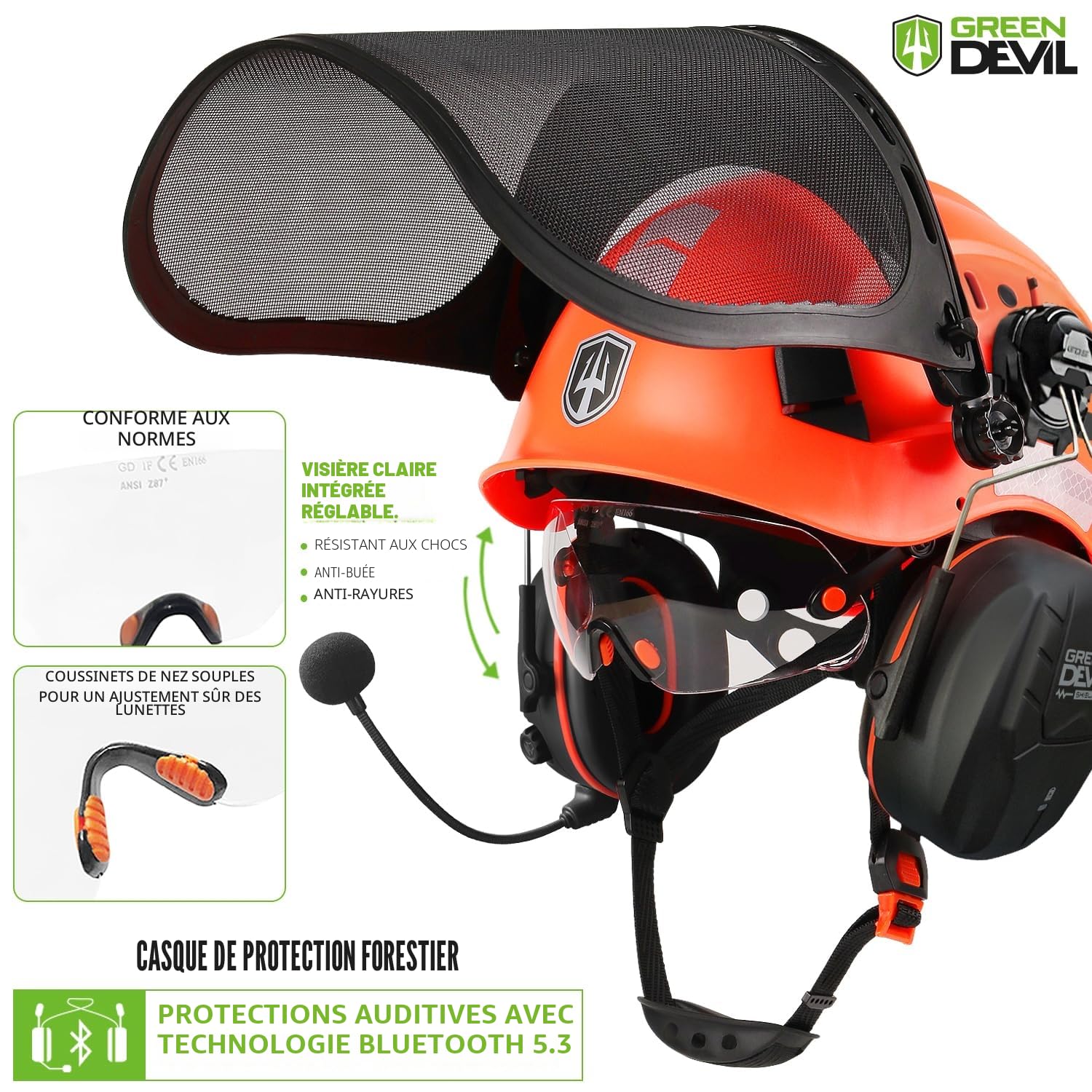 GREEN DEVIL Casque de Protection pour tronçonneuse, Casque de Protection forestière, Casque de sécurité avec Protection auditive et visière 3 en 1
