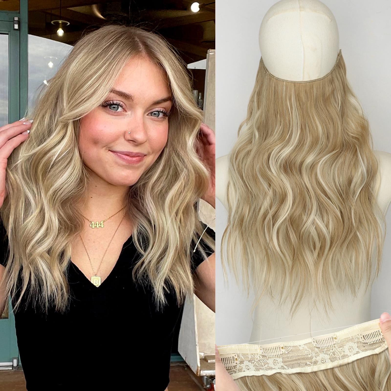 KooKaStyle Invisible Wire Hair Extensions with Transparent Wire Adjustable Size 4 Secure Clips 16 Inch Long Wavy Secret Hairpiece(Dark Ash Blonde mix