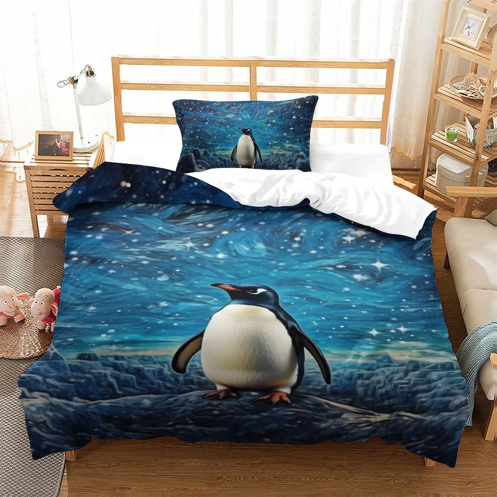 Housse de couette antibactérienne et respirante motif pingouin doux pour lit simple