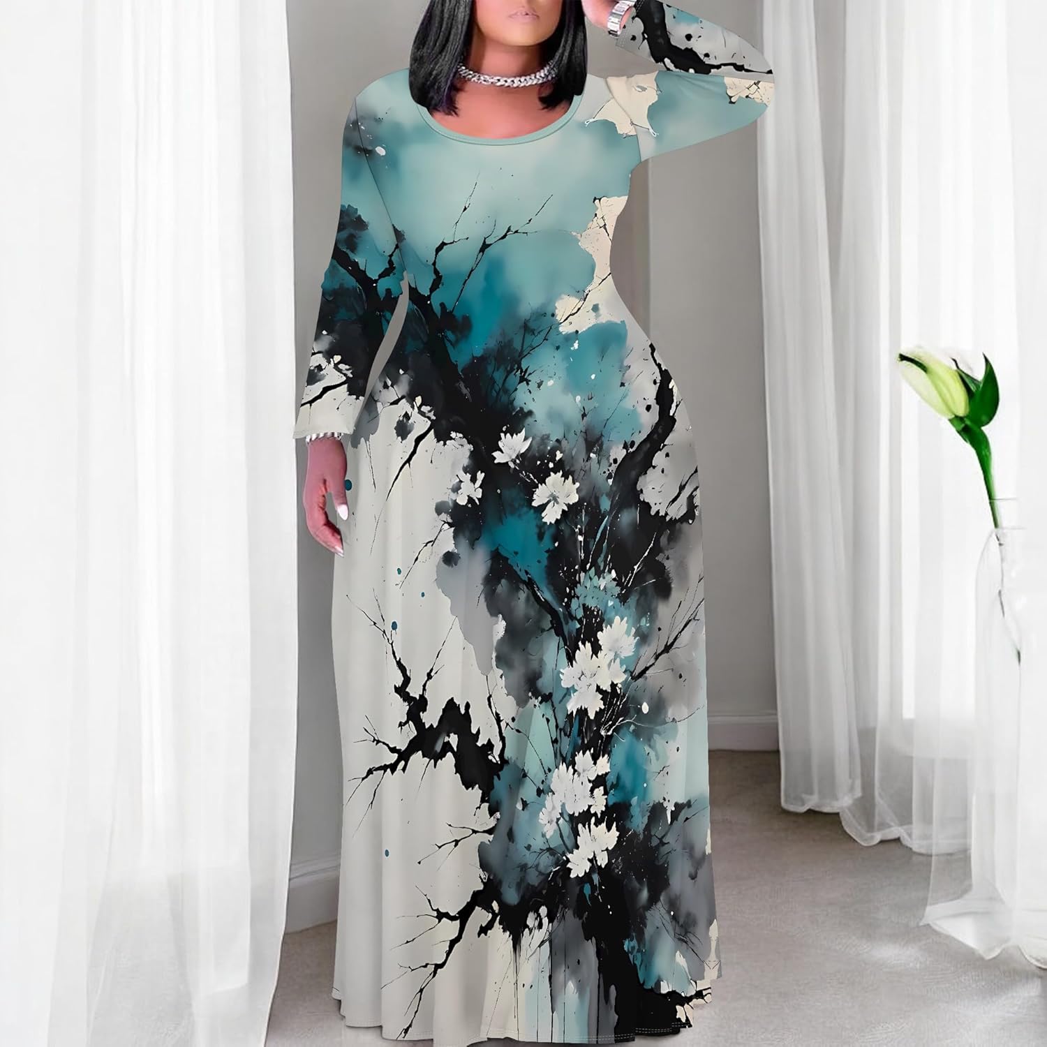 PinkPatty Plus Size Maxi Dress for Curvy Women Crew Neck Long Sleeves Casual Dress Vacation Sundresses with Pockets - Image 6