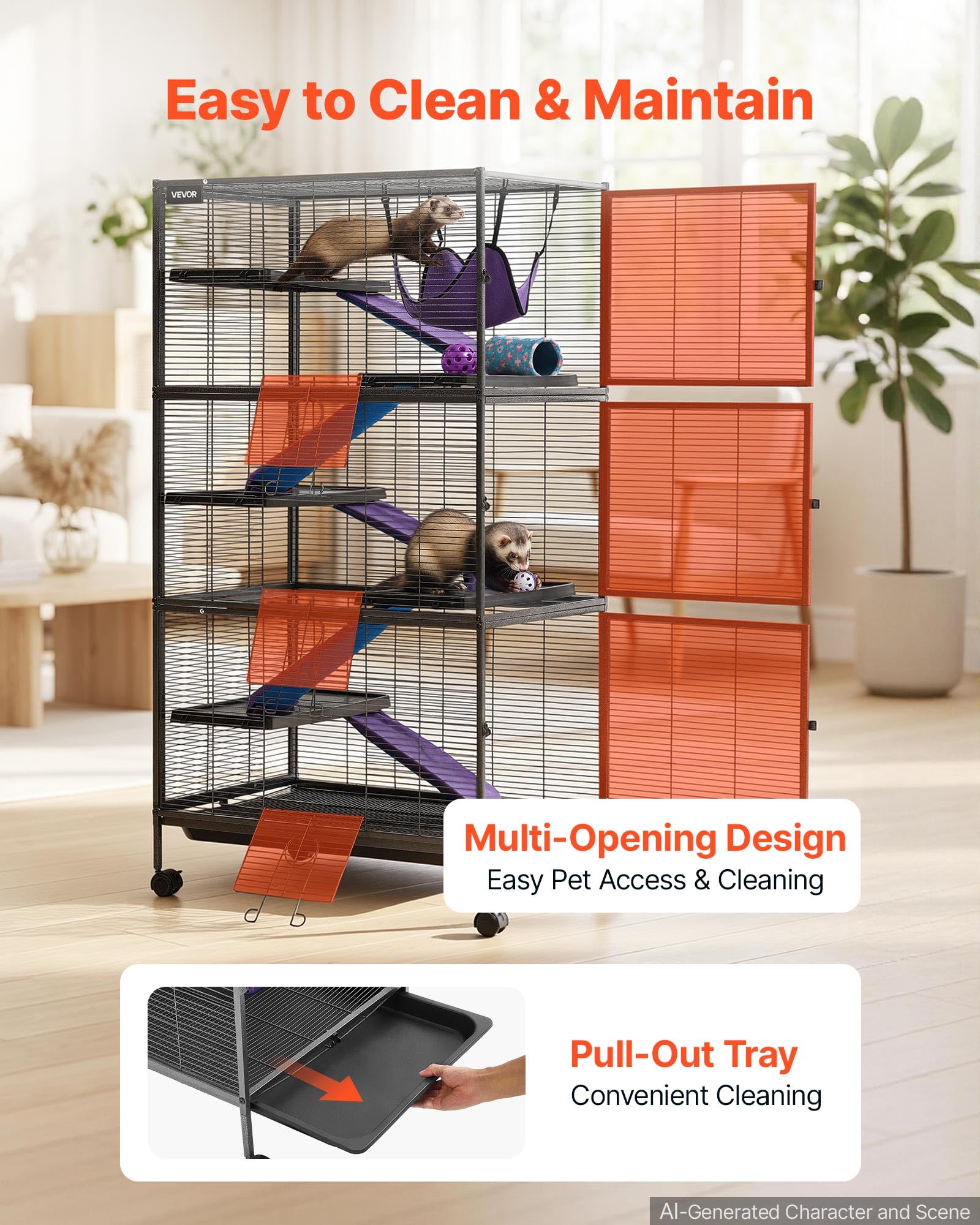 VEVOR Cage pour Petits Animaux en Métal 149 cm Cage pour Furets à 6 Niveaux