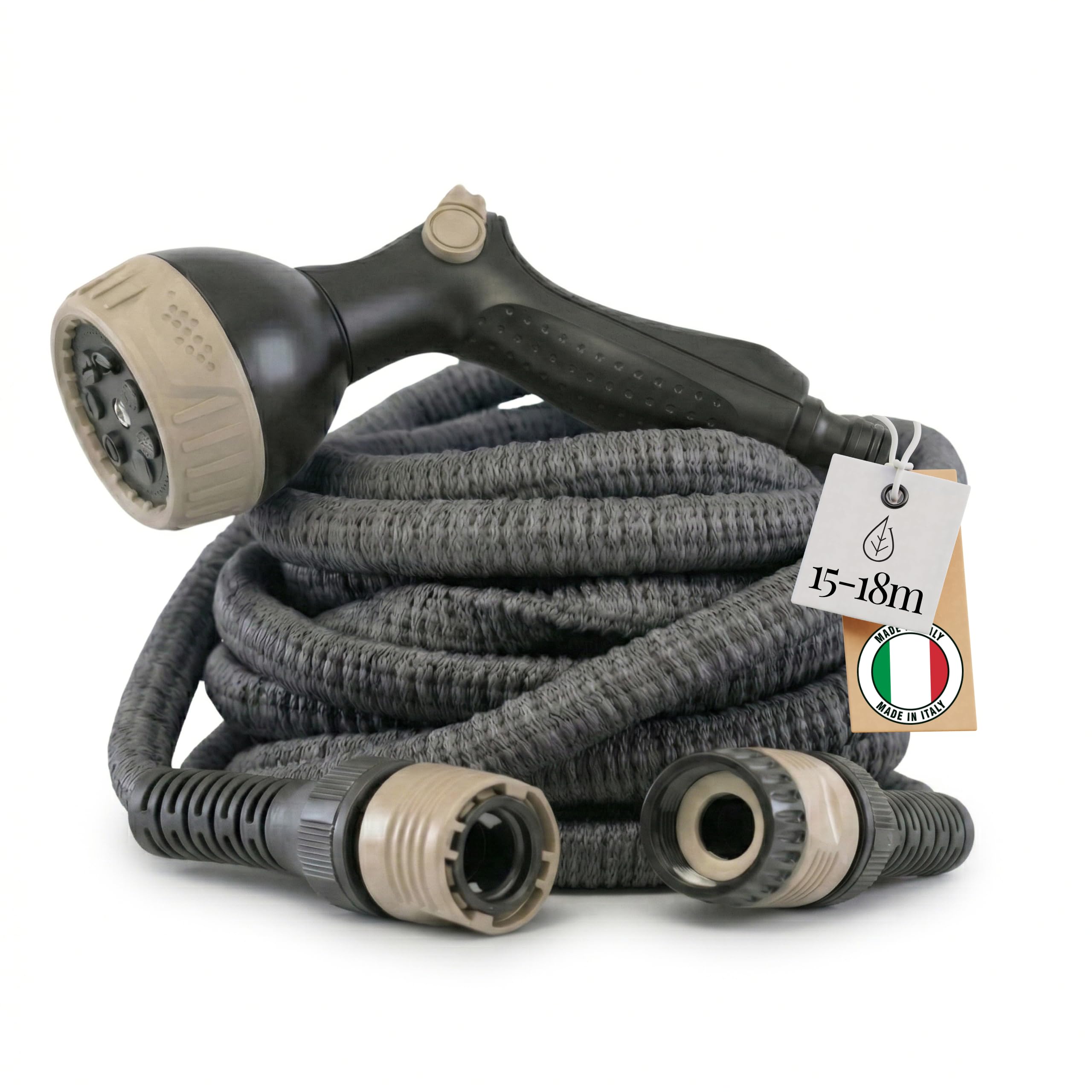 LIVLIG Manguera flexible 15 m Made in Italy – tubo extensible 1/2" con conectores y pistola multifunción – Gris