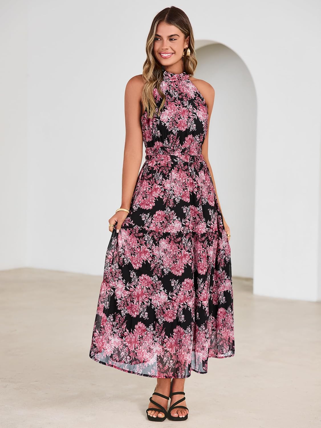 Simplee Womens Summer Halter Wedding Guest Dress Maxi Floral Vacation Boho Sundresses Flowy Formal Long Travel Dresses 2026 - Image 5