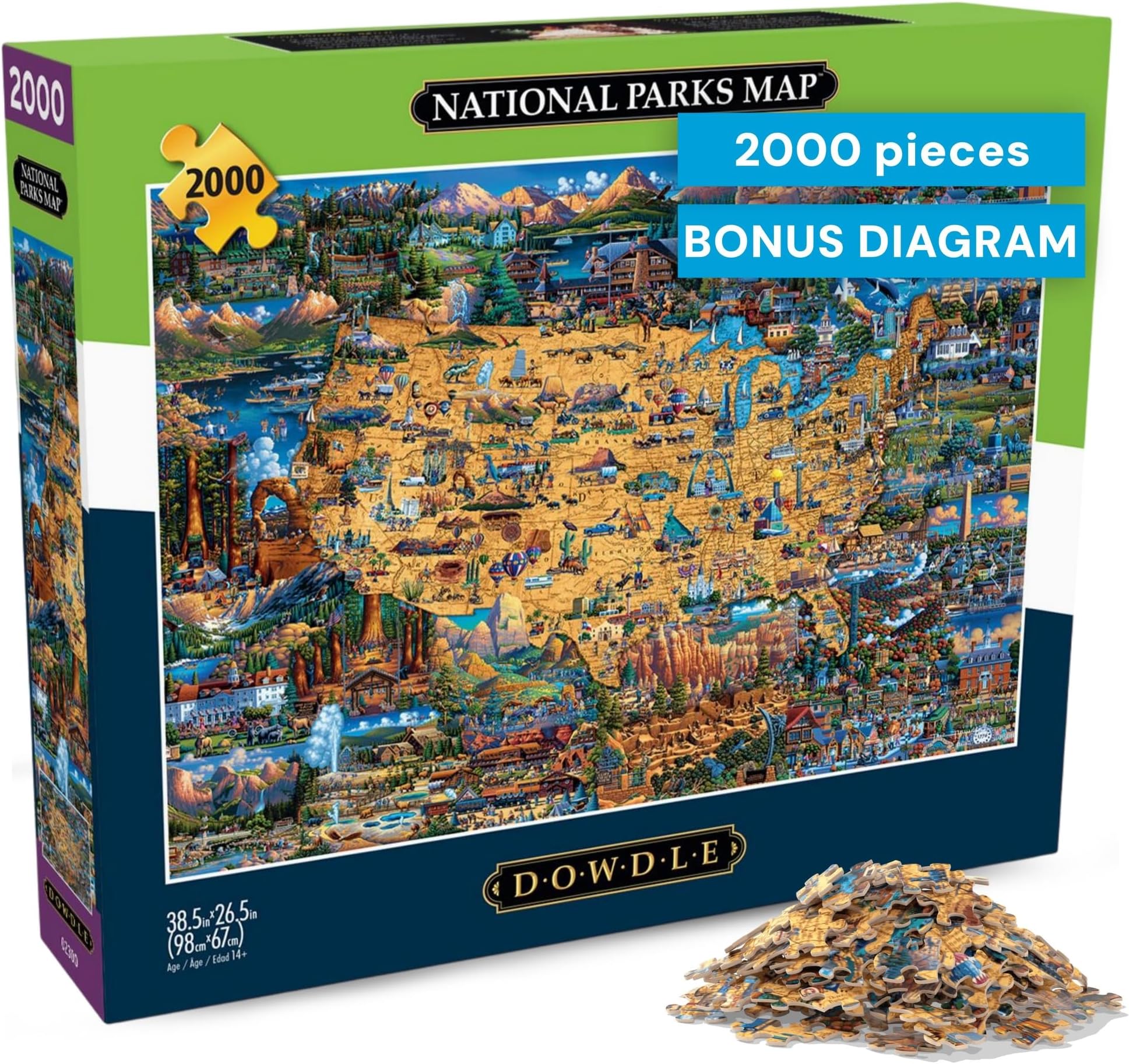 Buffalo Games - Puzzles for Adults 2000 Pieces Dowdle National Parks Map 2000 Piece Jigsaw Puzzle, Made in USA, Recycled Premium Board, Reference Diagram
