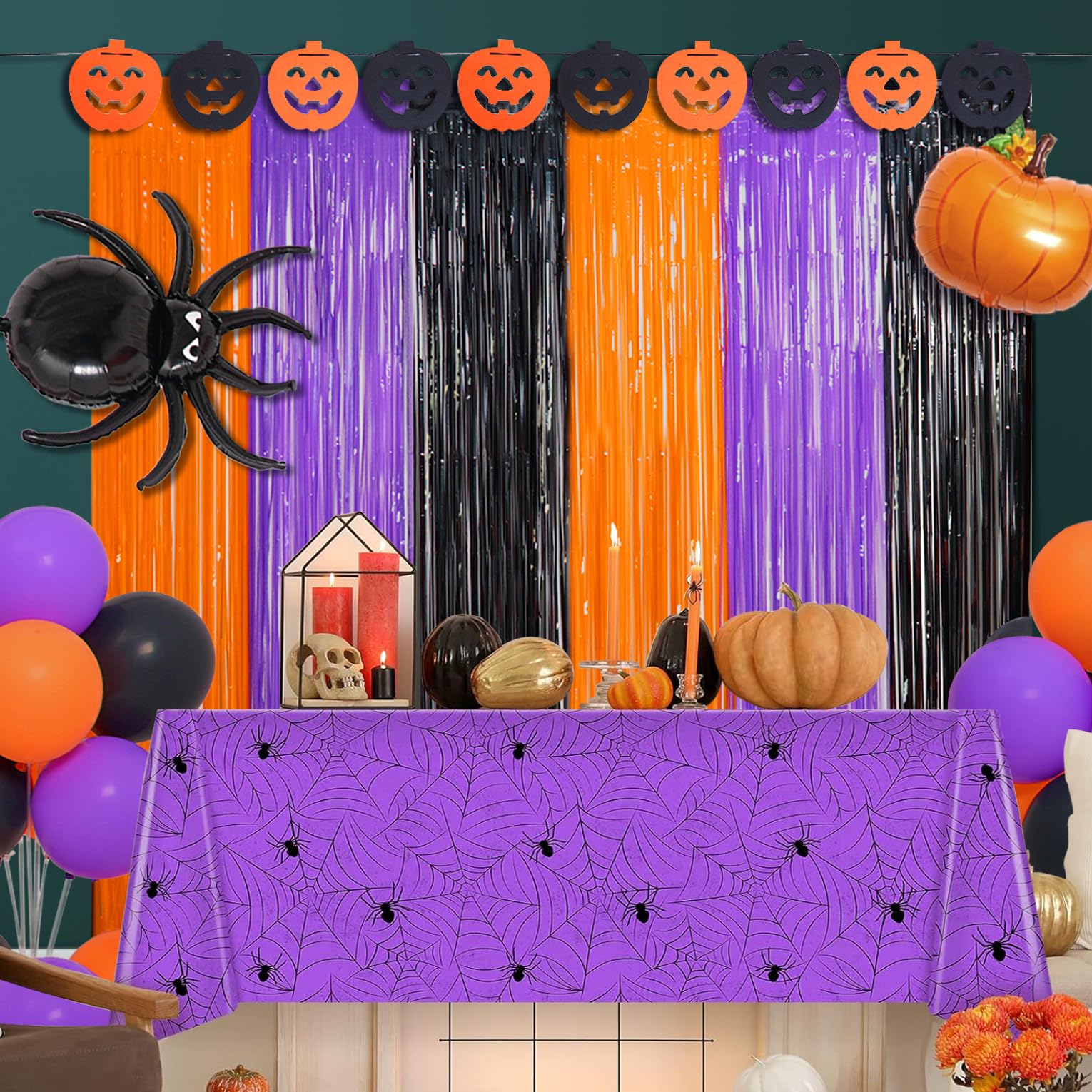 Halloween Party Decoration, Including 2 Pack Halloween Foil Fringe Curtains, 1 Pack Halloween Spiderweb Tablecloth & 1 Pack Halloween Party Pumpkin Garland Banner, for Halloween Party Supplies Decor