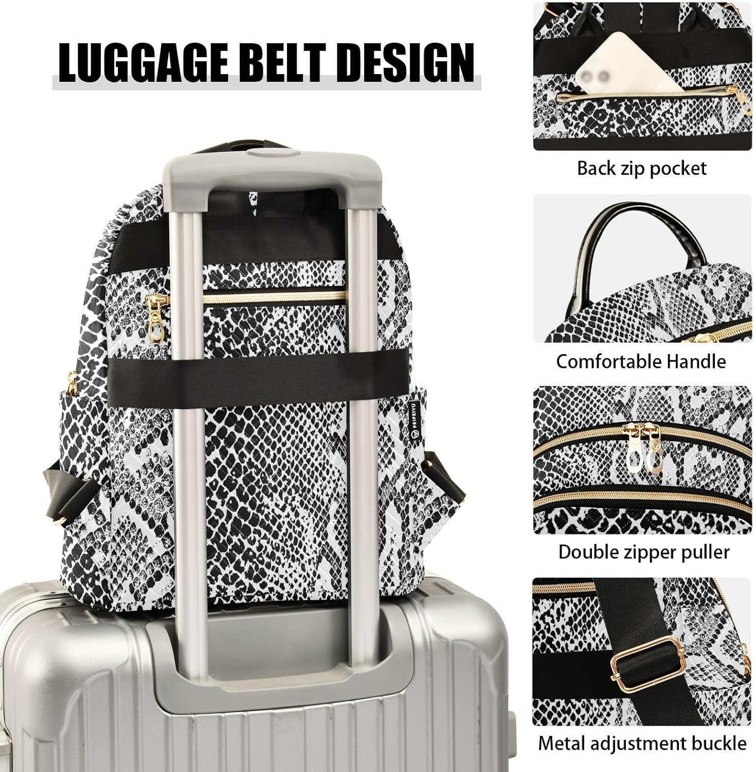 Snake Skin White Backpack Purse for Women Girls Mini Backpack Anti-theft Small Backpack Purse for Hiking Traveling College S - Image 4