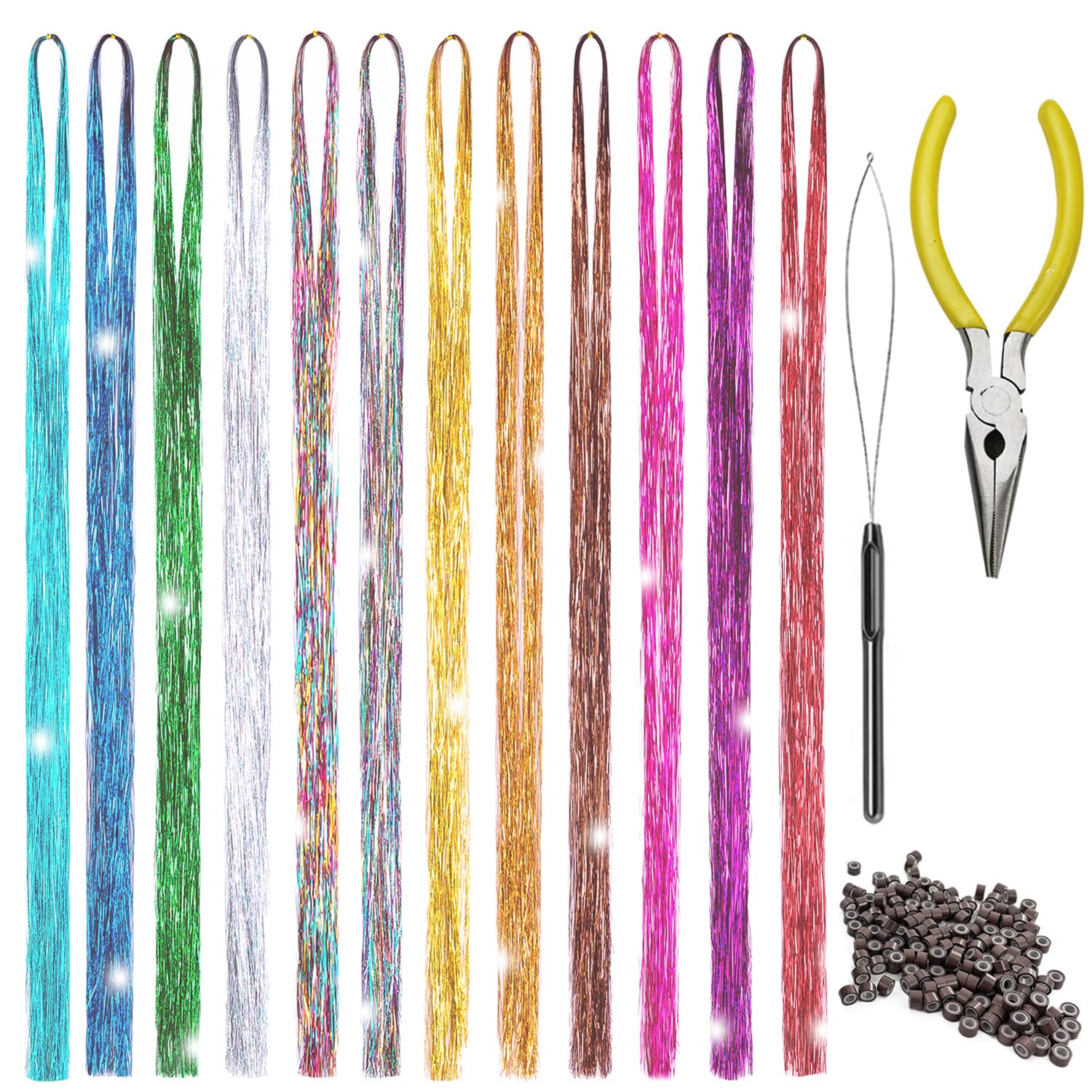 Hair Tinsel Kit 12 Colors Hair Extensions 48 Inches 2500 Strands Sparkling Tinsel for Christmas New Year Halloween Cosplay Party Fairy Tinsel Kit