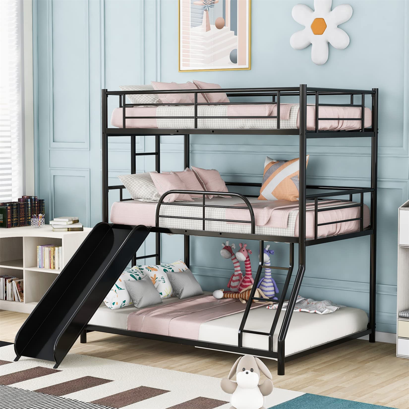 Buy Metal Triple Beds with Slide Twin Over Twin Over Full Bunk Bed Frame 3 Bed Bunk Beds for