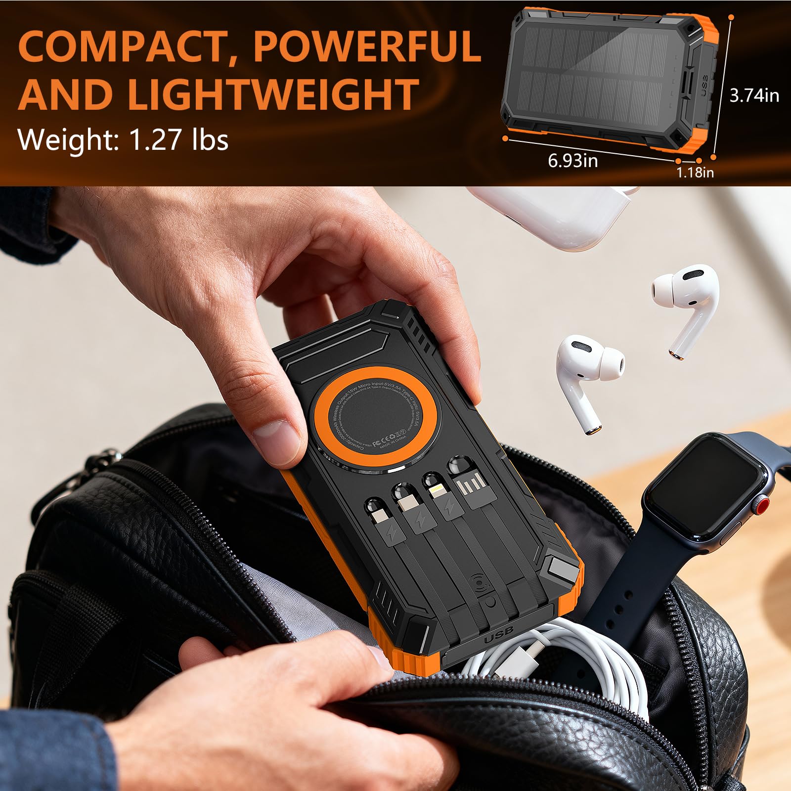 Caricatore solare Power Bank, 20000mah 15W Caricabatterie wireless con porta di ricarica rapida 5V/3A PD22.5W, caricatore portatile a pannello solare, caricatore del telefono integrato 4 cavi