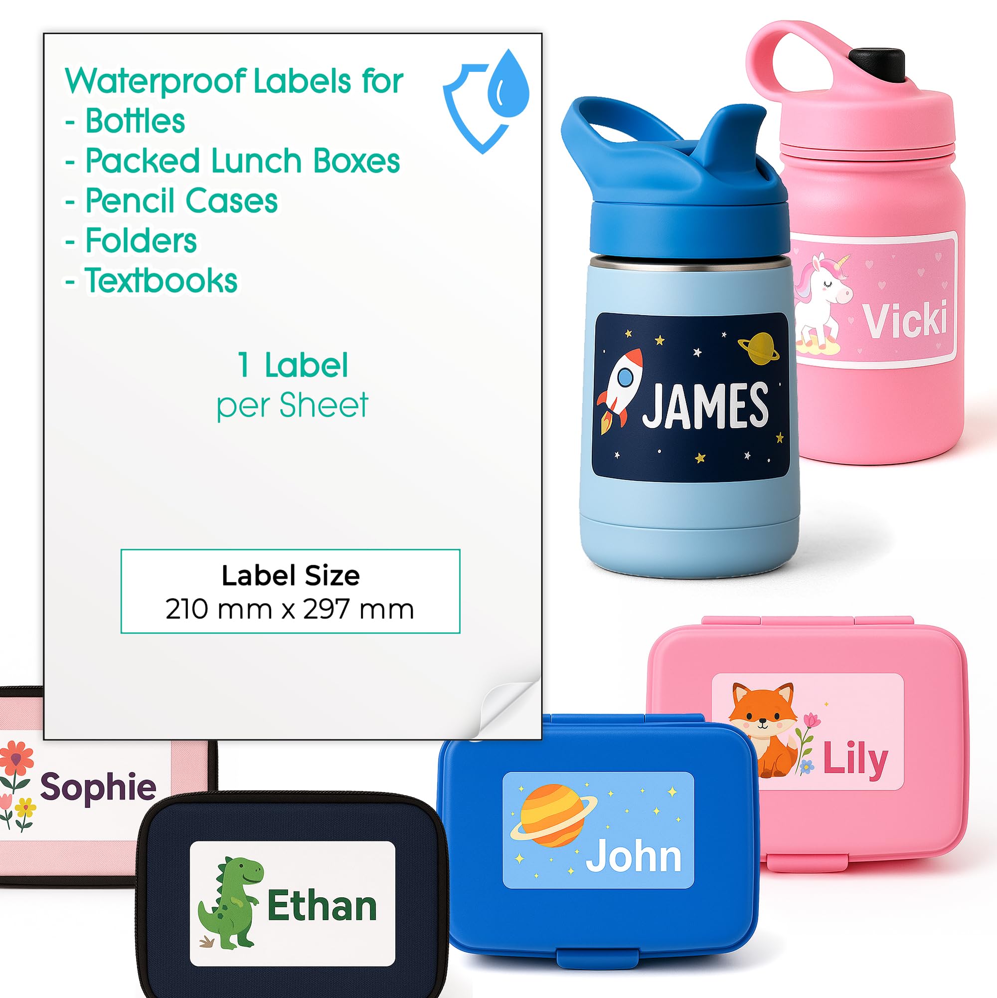 50 Waterproof Bottle Labels for Kids Personalisation (50 A4 Sheets) | Create Your Own Stickers for School, Nursery - White Matte Self Adhesive | 9 Label Sizes, Home Printable