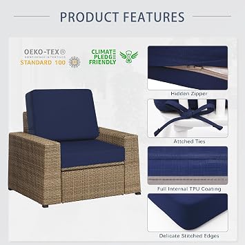 Favoyard Outdoor Deep Seat Cushion Set, 22 x 22 Inch Rainproof & 3-Year Fade Resistant Patio Furniture Cushions, Removable Seat Bottom & Back Cushion Covers with Ties for Chair, Sofa, Couch, Blue