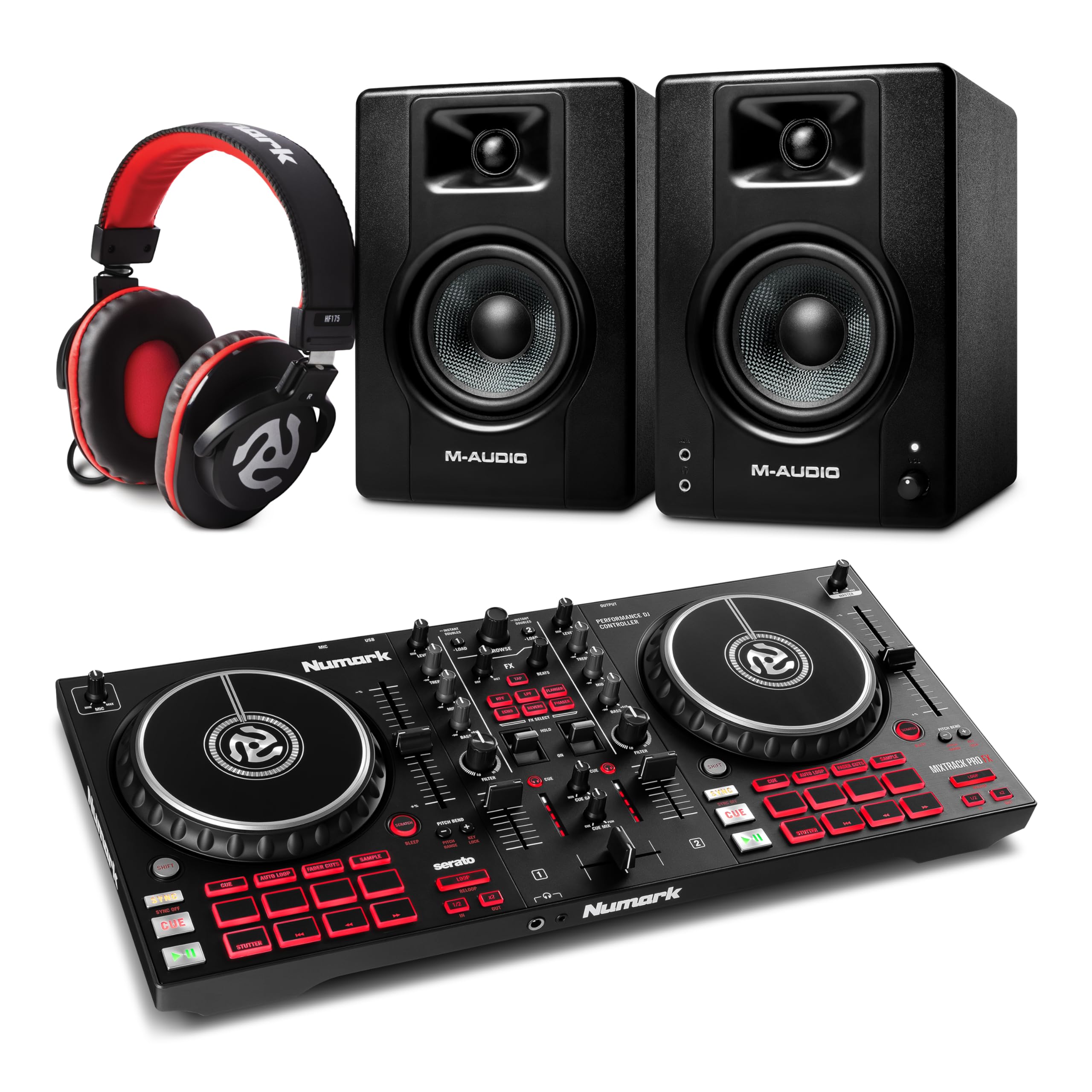 Numark Pack Contrôleur DJ Mixtrack Pro FX et Paire de Moniteurs de Studio M-AUDIO BX4 avec Casque pour Enregistrement Studio, Production Musicale, Podcasting, Streaming