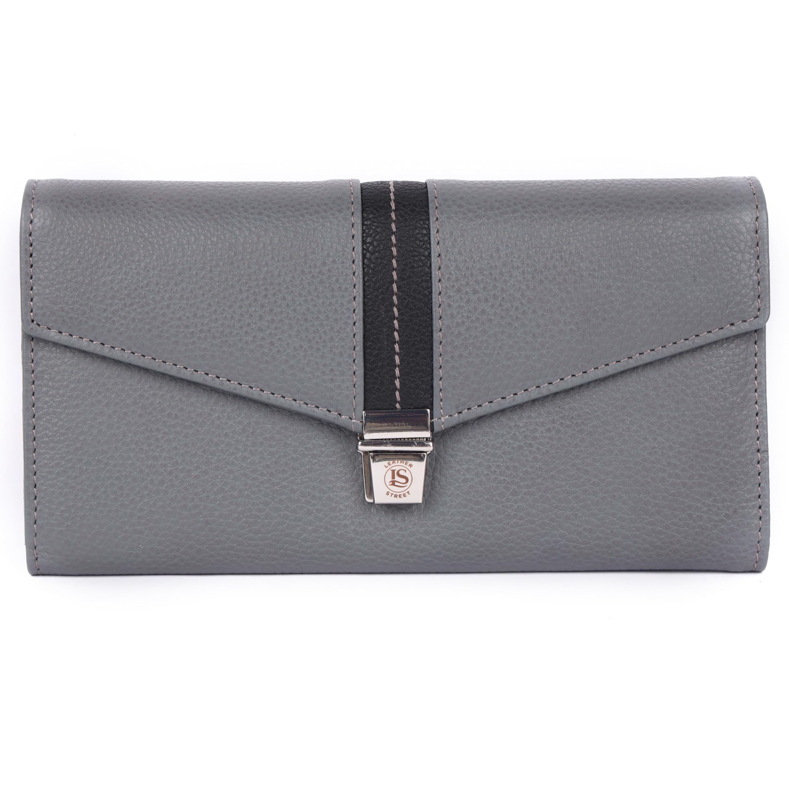 leather street Women's RFID Protected Leather Clutch Wallet | Long Ladies Purse with Multiple Card Slots, Cash Compartments & Secure Lock Closure | (Grey and Black)-picture-53