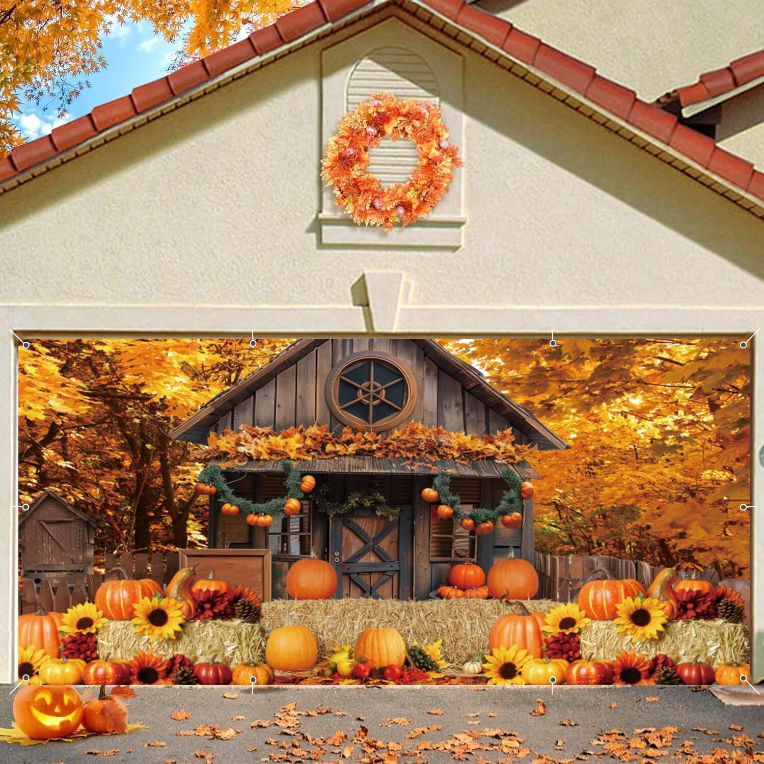 Fall Thanksgiving Garage Door Cover Decorations Banner Backdrop 7x16ft Large 2 Car Garage Door Cover, Autumn Barn Maple Forest Pumpkin Harvest Wall Decor for Outdoor Holiday Decorations