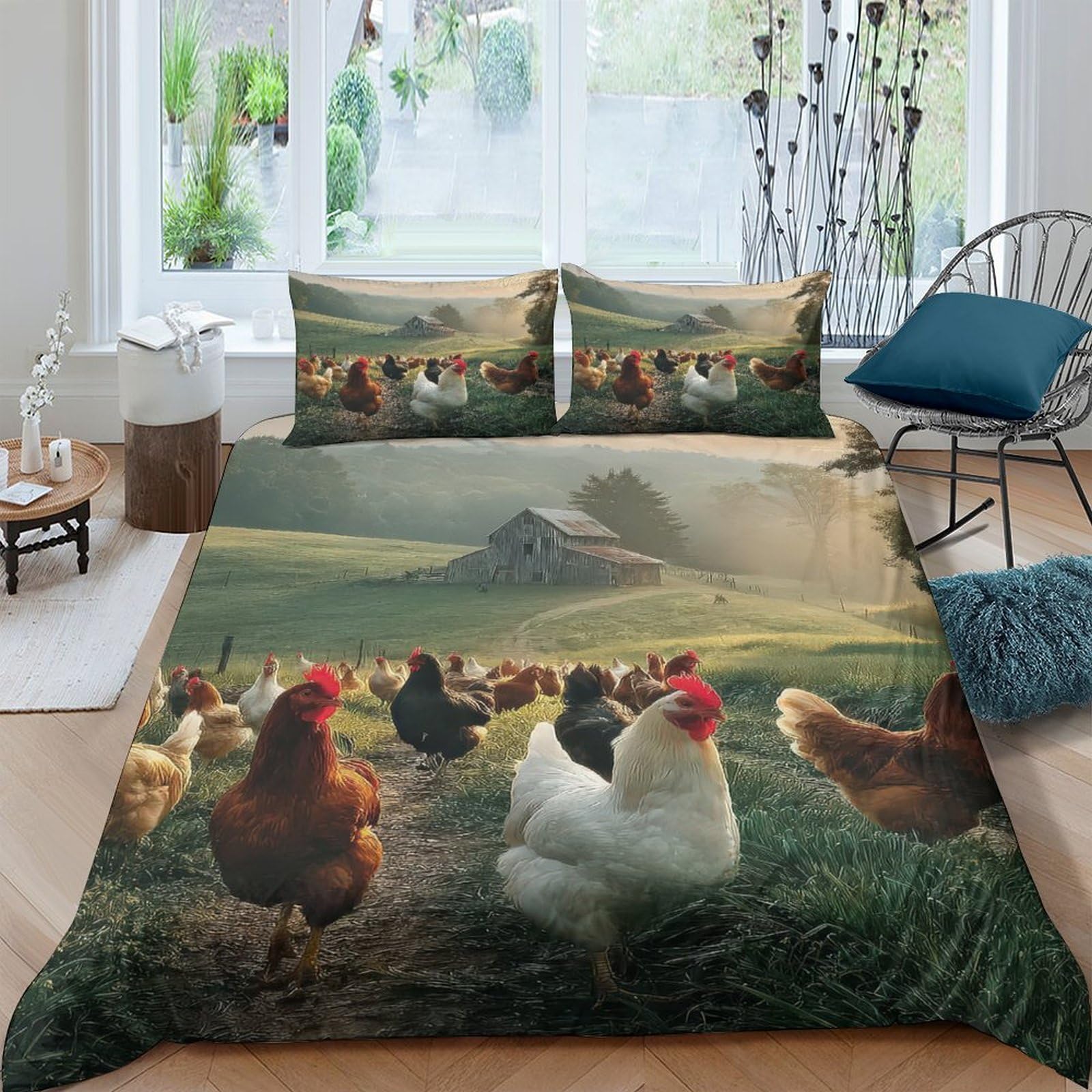 Ctjqhvkz Style-6 3D Printed Countryside Chicken Fitted Sheet Microfiber Soft Farm Landscape Mattress Cover Bedroom Home Decor Single（135X200cm）
