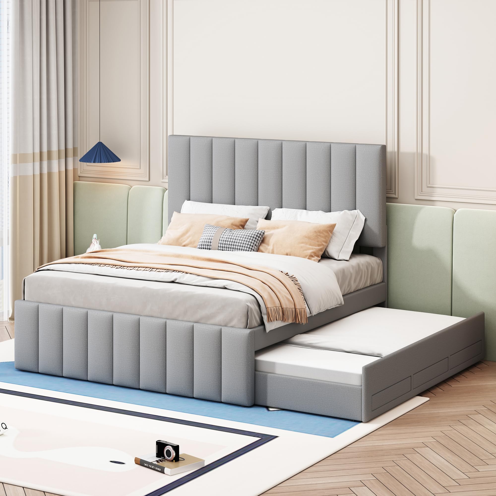 Letto Tessile 140x200cm con Sommier a doghe stabili e Struttura Letto Matrimoniale fissa piattaforma tre cassetti inferiori secondo letto estraibile testiera regolabile Grigio