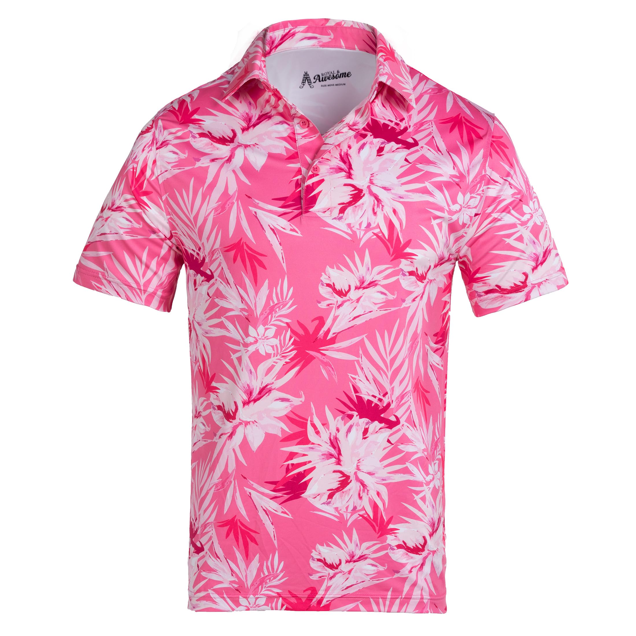 Royal & Awesome Men's Pink Tropics Funny Paradise Pink Golf Polo Shirt, Crazy Colourful Tropical Patterned Golf Top For Stretch Fit, Medium