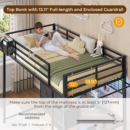 Miniatura 6 de DICTAC Cama alta individual con escritorio en forma de L y 7 cajones de almacenamiento, cama alta de metal tamaño individual para niños con luces