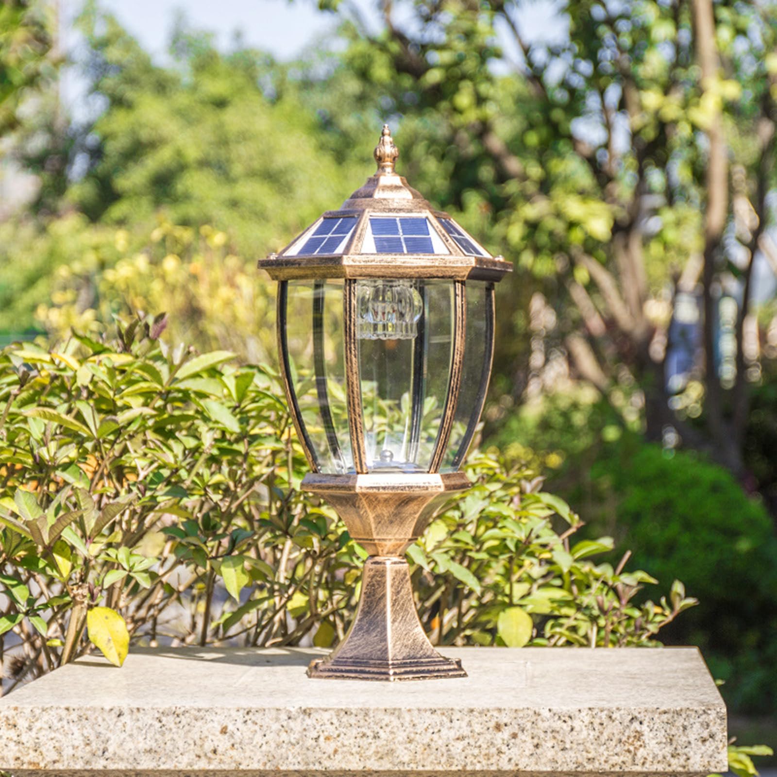 Wygięte sześciokątne lampy solarne na słupki, zewnętrzna szklana osłona, światło słupkowe LED, oświetlenie ogrodowe, oświetlenie krajobrazu, oświetlenie ogrodzeniowe, wodoodporność IP65, nowoczesna