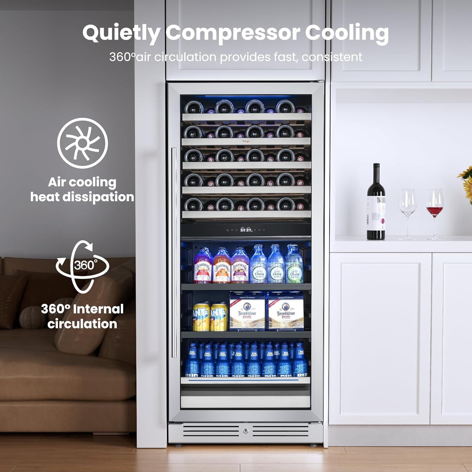 Yeego Wine Fridge – 24 Inch Wine and Beverage Cooler 34°F-65°F, 304 Stainless Steel Glass Door Lock, Temp Memory Blue & White LED Built-in Fridge Right-hand Opening with Drawer (112 Can+40 Bottle)
