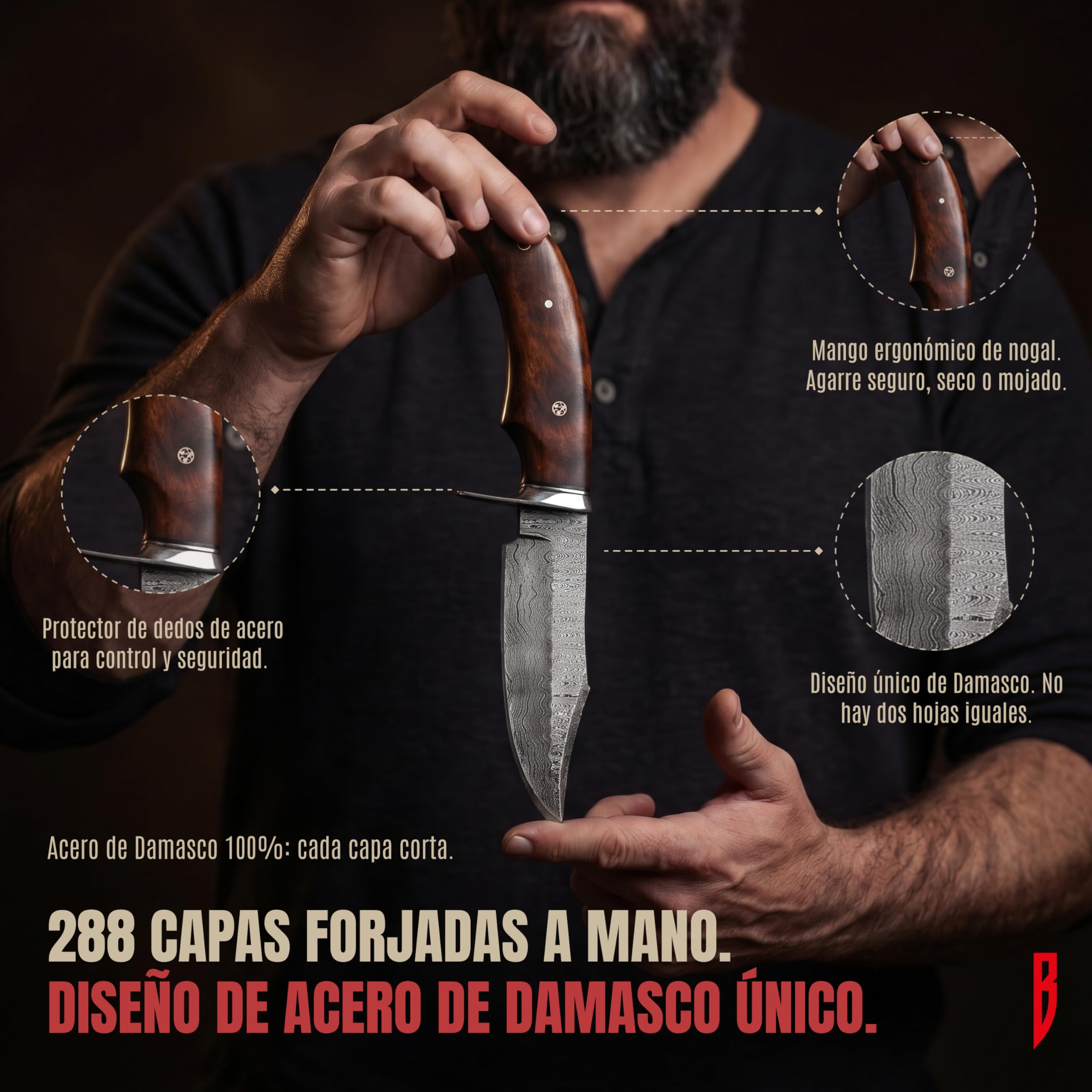 BIGCAT ROAR Cuchillo de Caza Premium Hecho a Mano de Acero de Damasco con Funda - 25 cm Hoja Fija con Mango de Madera de Nogal - Cuchillo Multiuso para Hombre - Bear Hunter