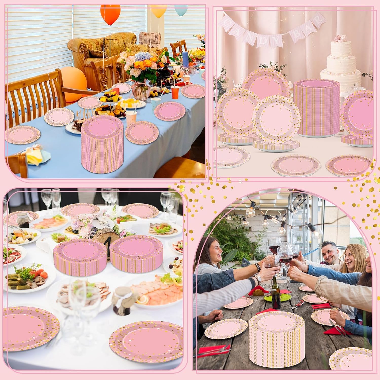 OBUSATT 100Pcs Pink Rose Gold Paper Plates Party Supplies Light Pink Tableware Set Disposable 7 Inch Polka Dot Dinner Dessert Cake Plates for Bridal Baby Shower Wedding Birthday Party Decorations