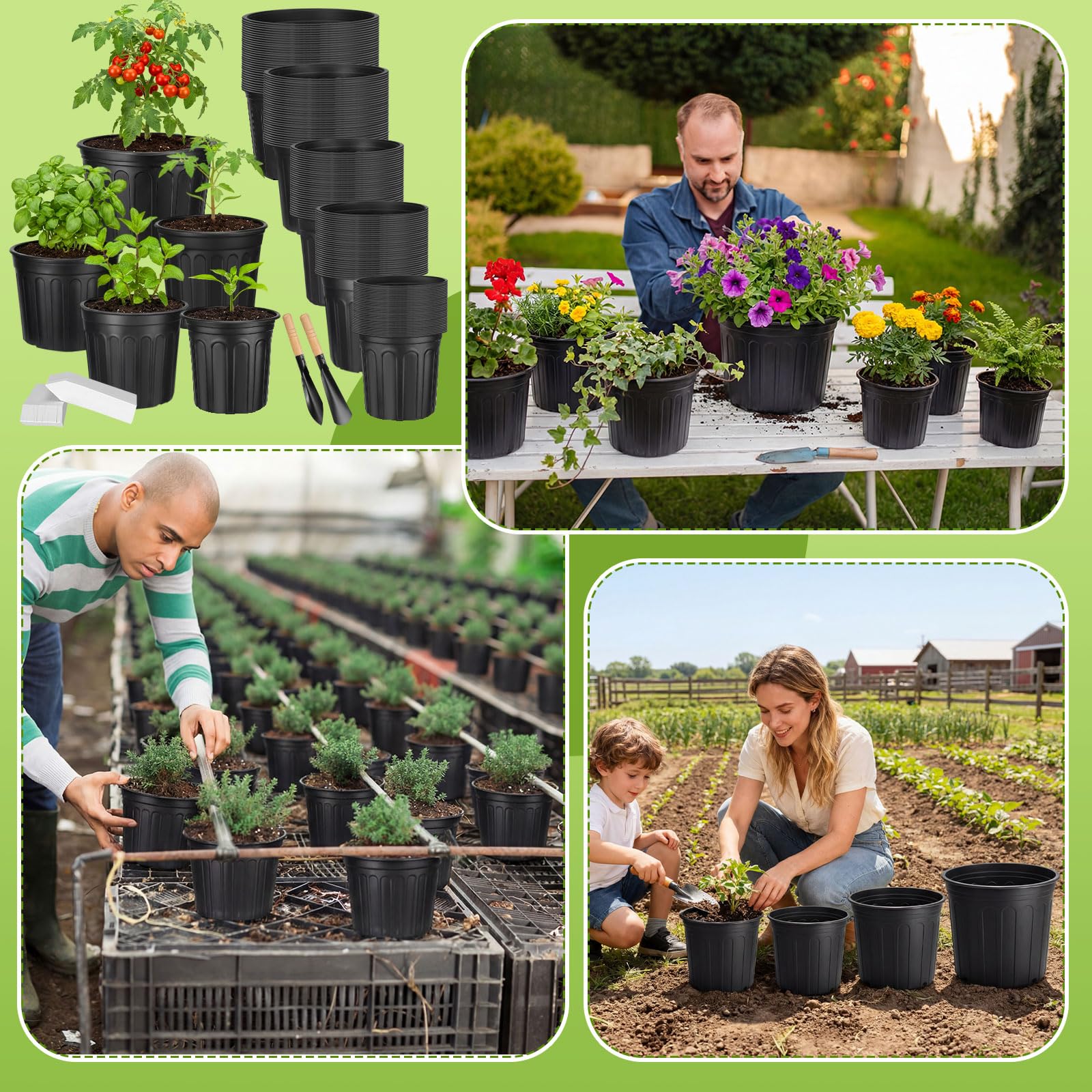 225 Stück 1/2/3/4/5 Gallonen Kunststoff Anzuchttöpfe Bulk verdickte Pflanztöpfe mit Drainageloch Runde Blumenbehälter mit Pflanzenetiketten Kleine Schaufeln Set Pflanzgefäße für den Innen