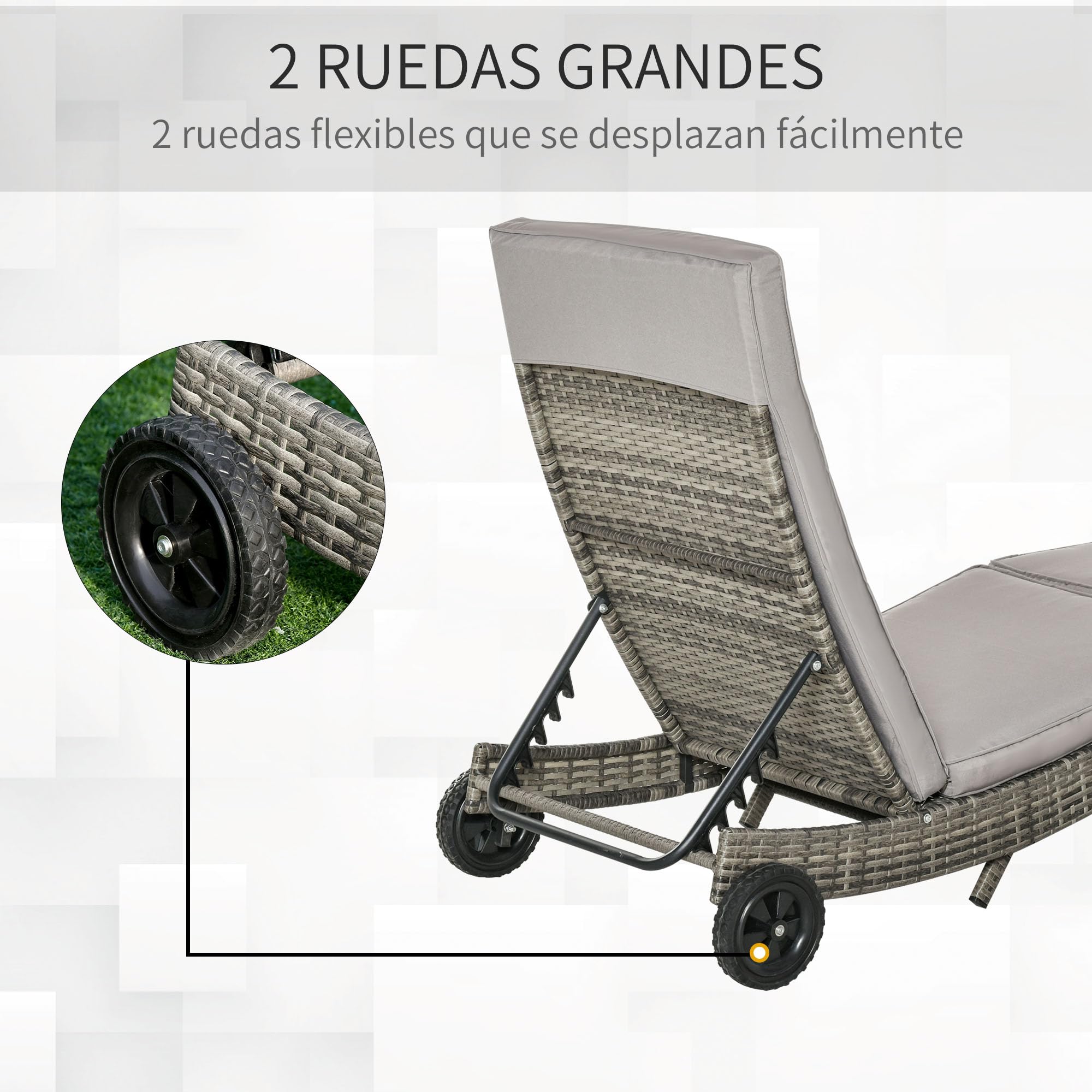 Outsunny Tumbona de Ratán Reclinable Tumbona de Jardín en Forma de S con 2 Ruedas Respaldo Ajustable en 5 Posiciones y Cojín Extraíble para Patio Terraza 207x70x70 cm Gris Claro