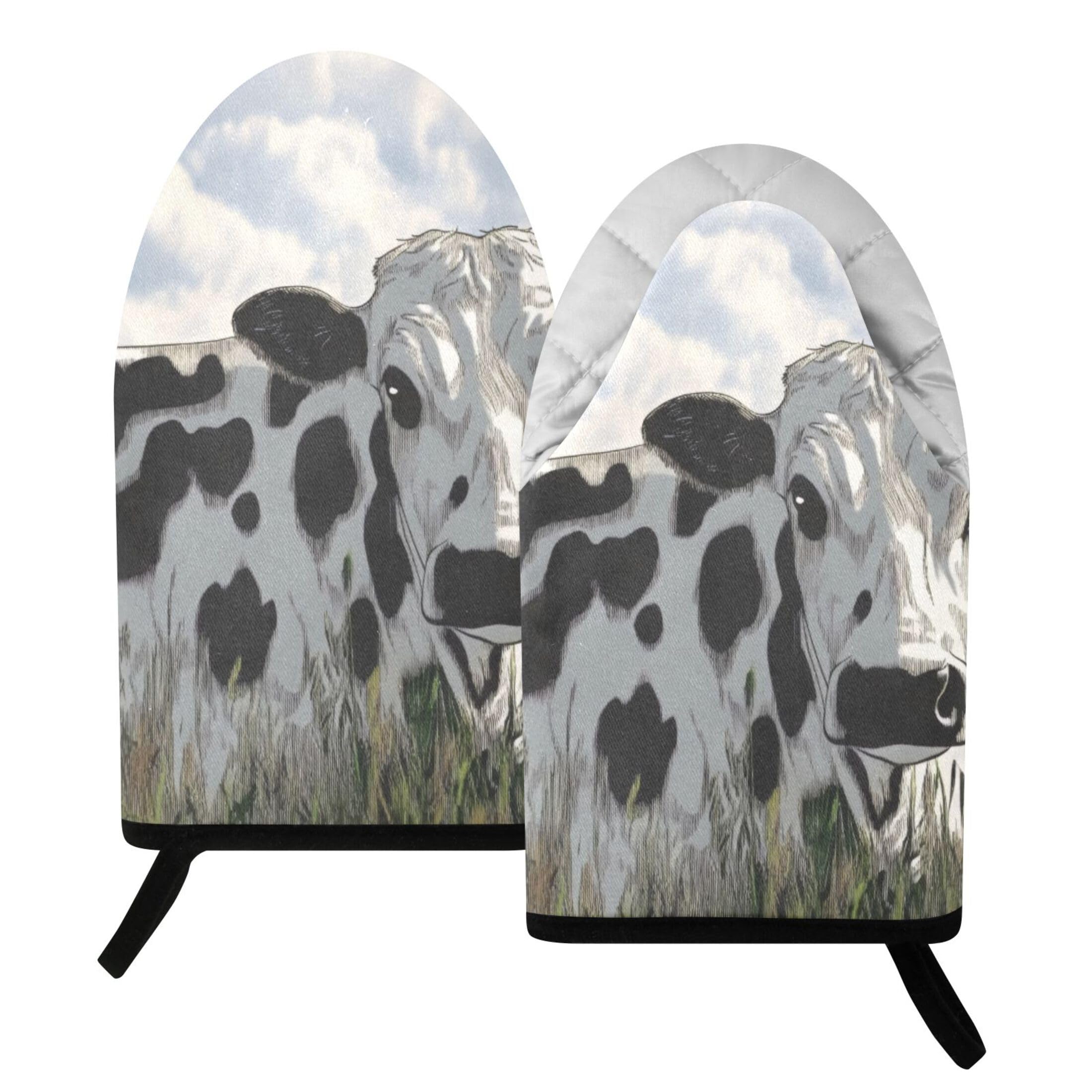 Fuauuyl Oven Mitts Heat Resistant Kitchen Gloves, Milk Cow Classic Oven Gloves with Hanging Loop for Baking BBQ Cooking Grilling, 1 Pair, 9.5 in