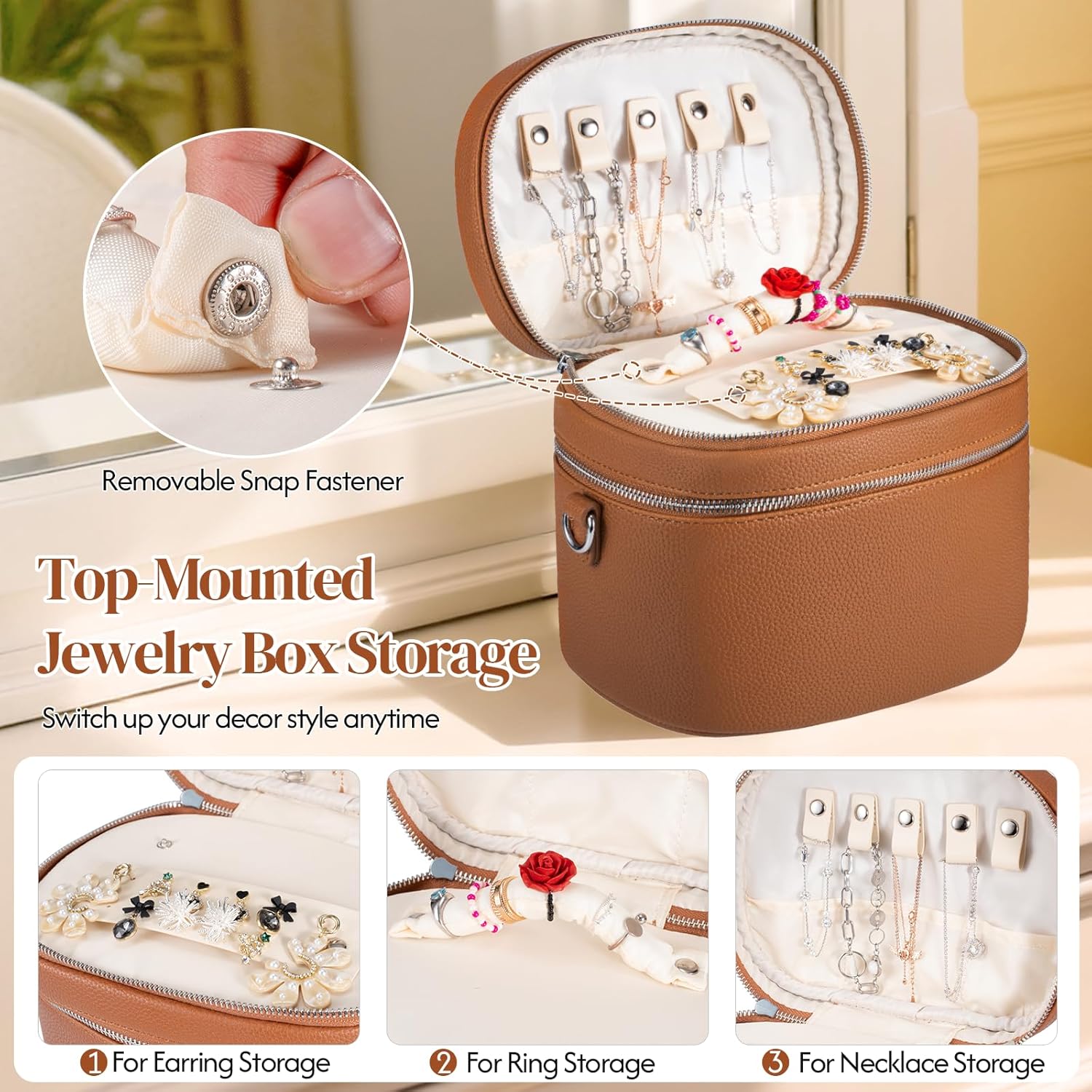 cysiyu Leather Makeup Bag Organizer Double Layer Vanity Bag Large Capacity with Compartments and Handle Travel Portable Storage Crossbody Cosmetic Jewelry Case for Women. Brown - Image 3