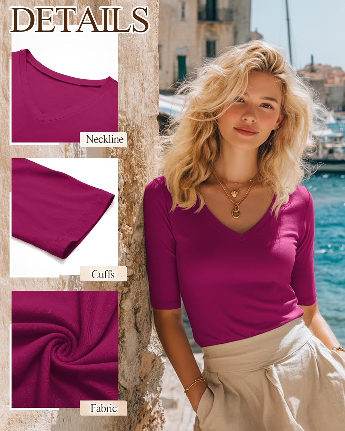 Ficerd 3 Pack Women's Half Sleeve V Neck T Shirts, Mid Elbow Length Sleeve Shirt Slim Fit Tunic Top Casual Summer Tee - Image 4