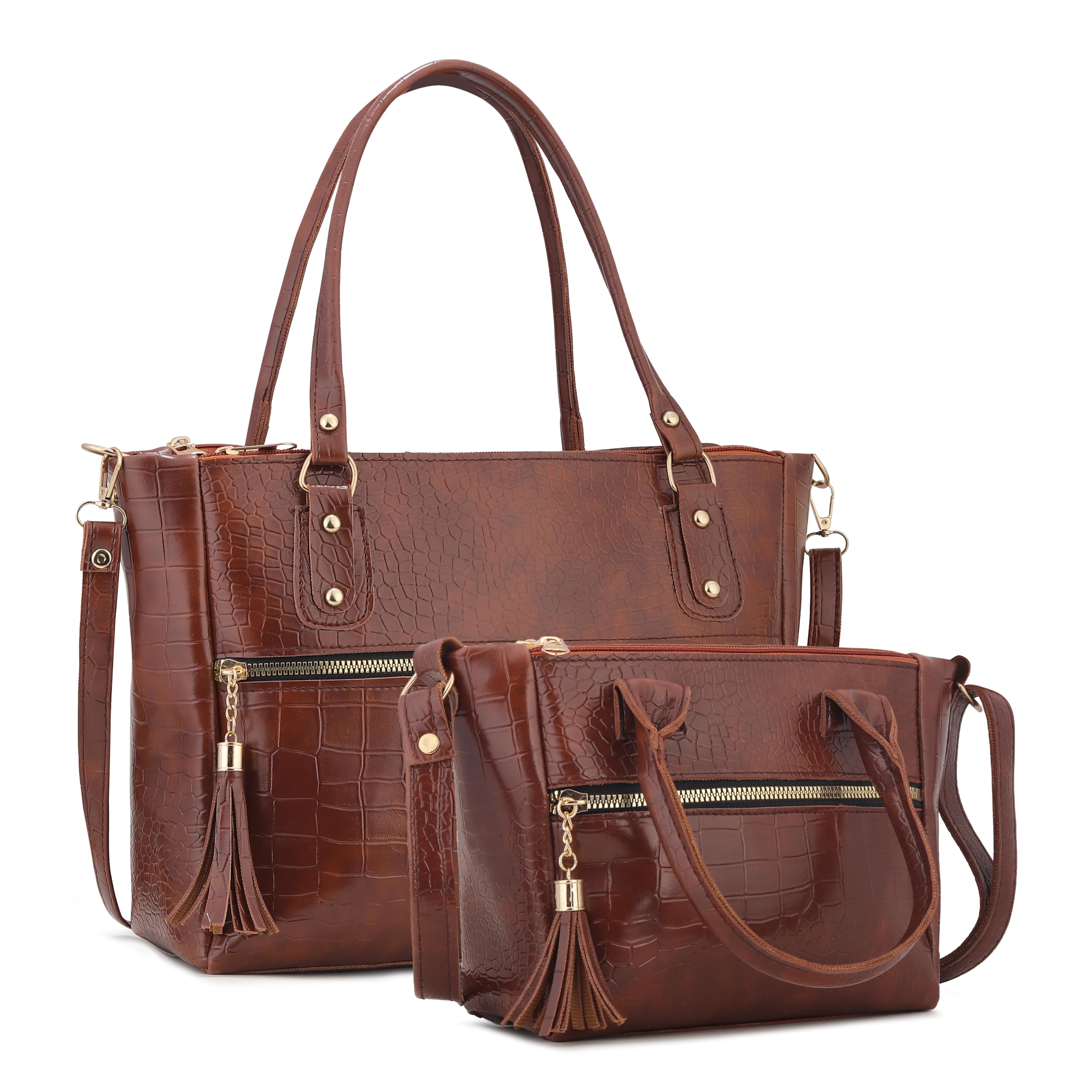 AVERAA Luxury Brown Crocodile Texture Handbag Set for Women | Stylish Faux Leather Tote Bag with Matching Crossbody Sling Combo | Perfect for Office, College, & Casual Use-image-32