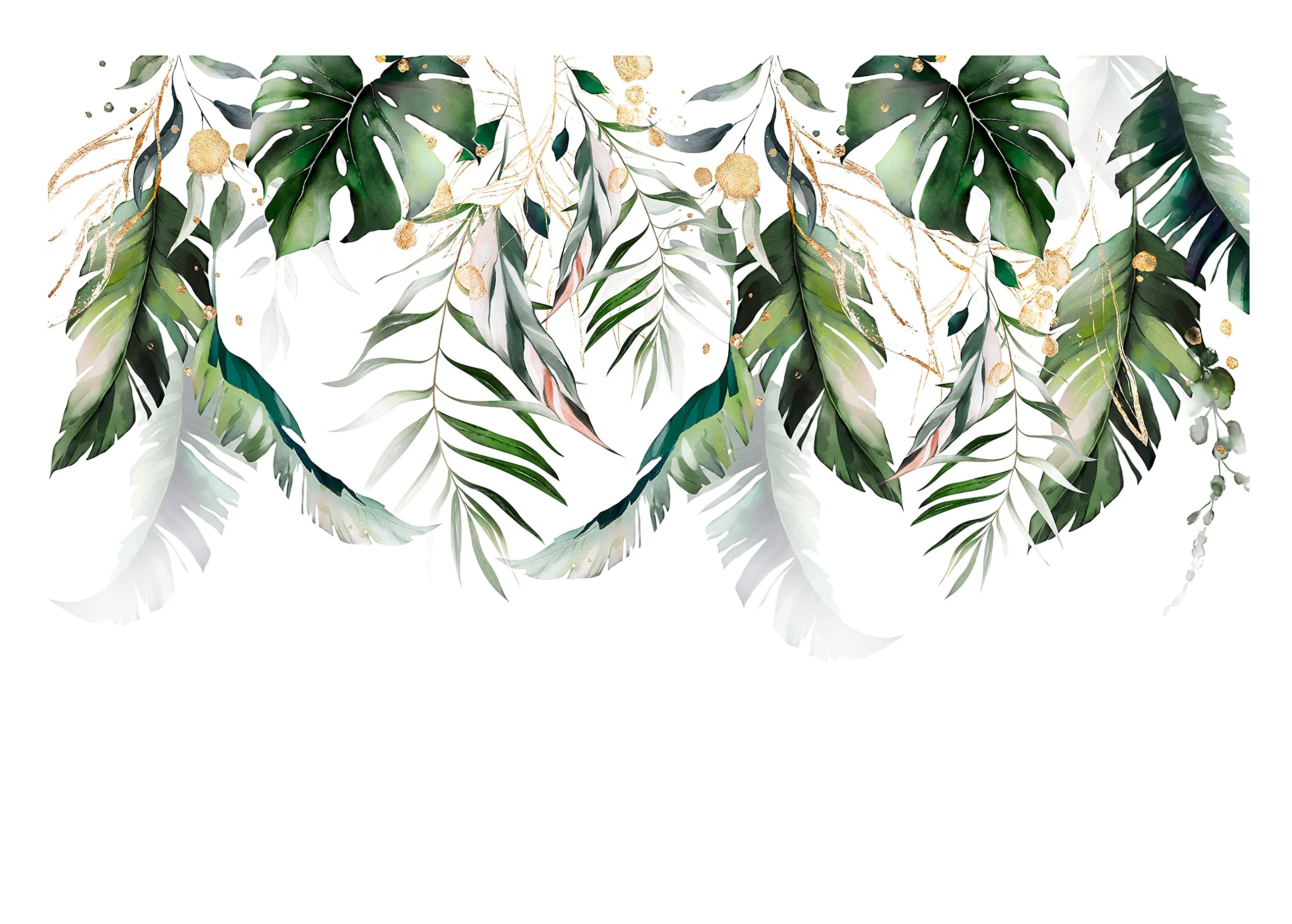 Fototapeta z liście, zielono-złota, monstera, roślina liście, do salonu, sypialni, tapeta ścienna, nowoczesna tapeta z włókniny, druk lateksowy, odporna na działanie promieni UV, gotowa do montażu (14128, V8 (368 x 254 cm) 4 pasy)