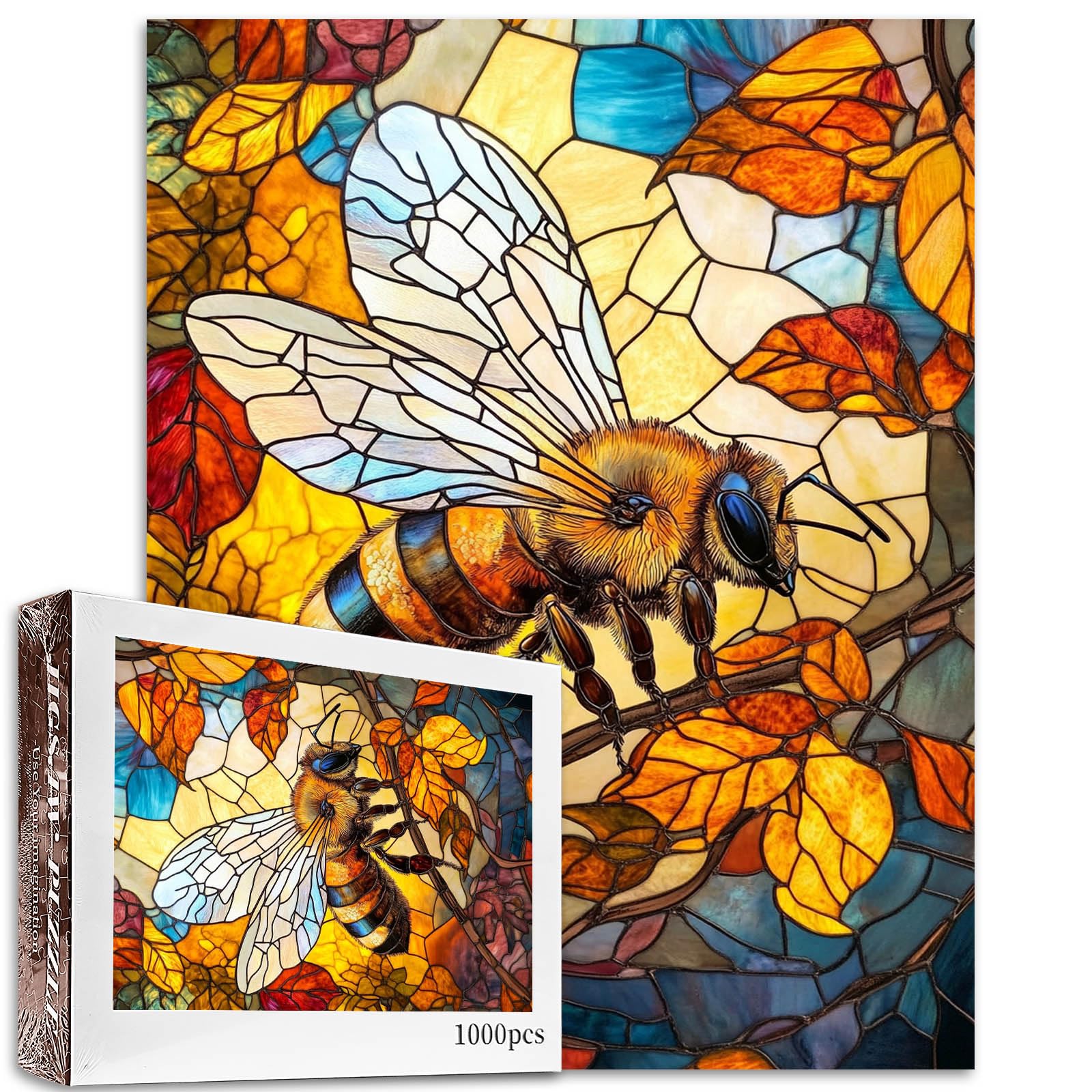 Tucocoo Jigsaw Puzzles 1000 Pieces for Adults-Lovely Bee Glass Style Hardboard Puzzle-Challenging Puzzle Perfect for Game Nights-DIY Home Wall Decor-Art Puzzles Stained Glass Autumn Bee 27" x 20"