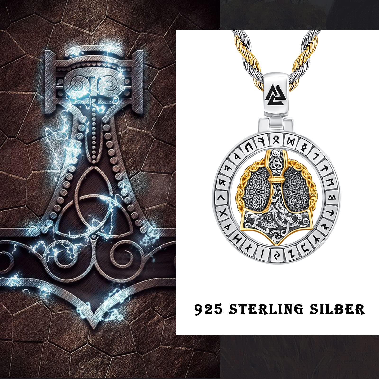 Wikinger Halskette 925 Sterling Silber für Herren | Nordischer Anhänger, Geschenk zu Geburtstag, Weihnachten, Vatertag und für Liebhaber der Wikingerkultur