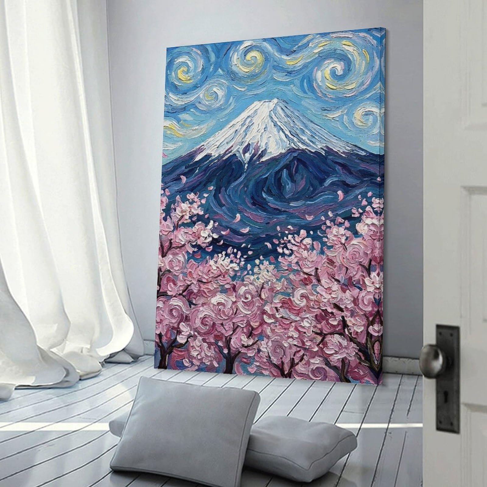 Junmoney Frame-Style-15 Wall Art Print Mount Fuji Cherry Blossoms Painting, 20X30inch(50X75cm), For Hallway, Bedroom Or Modern Interiors, Thoughtful Wall Decor For Art Lovers