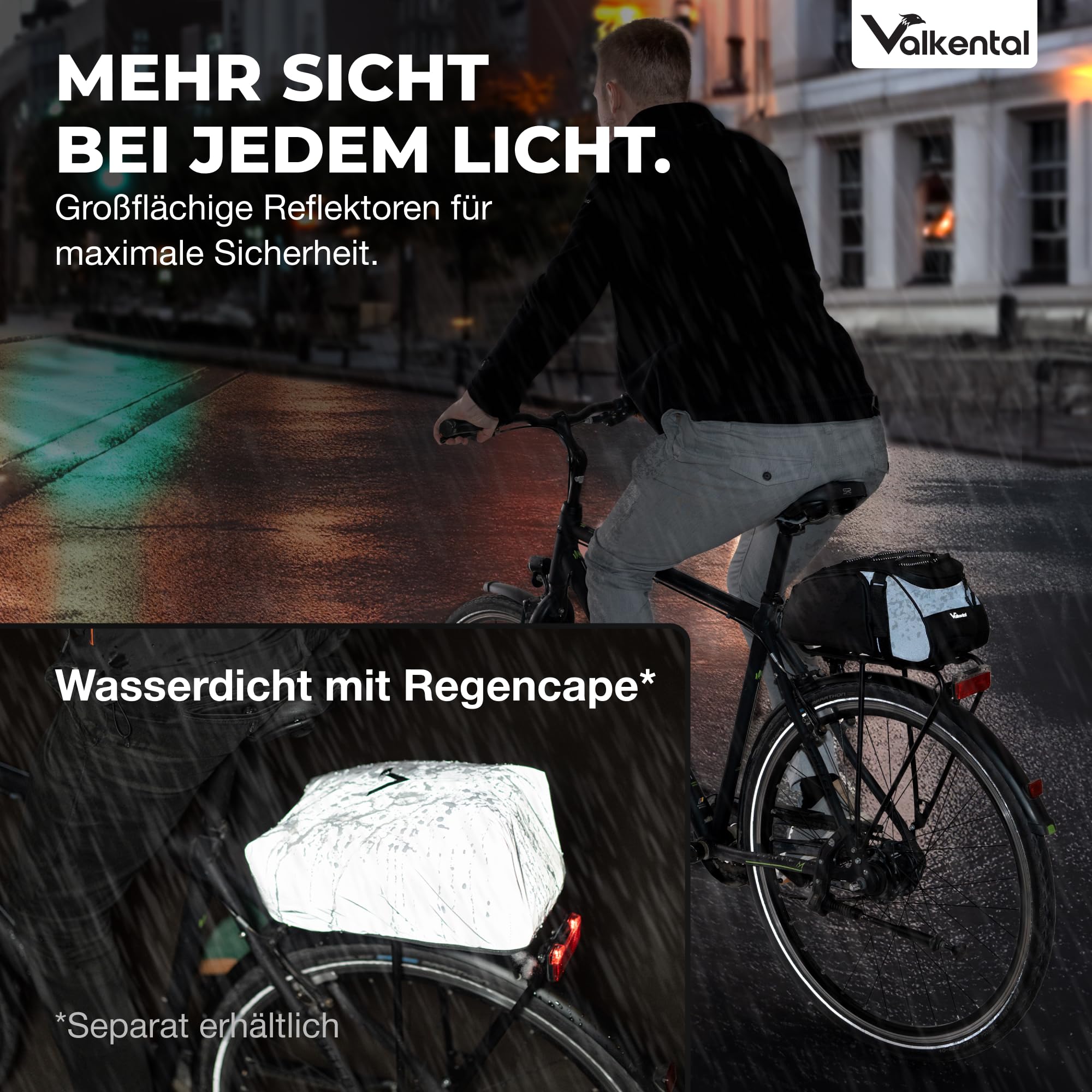 Valkental 3in1 Fahrradtasche für Gepäckträger mit Rucksackfunktion - 10-14L Volumen - Gepäckträgertasche mit zahlreichen Fächern - Wasserfest & Reflektierend - Mit Tragegriff - Geprüfte Qualität