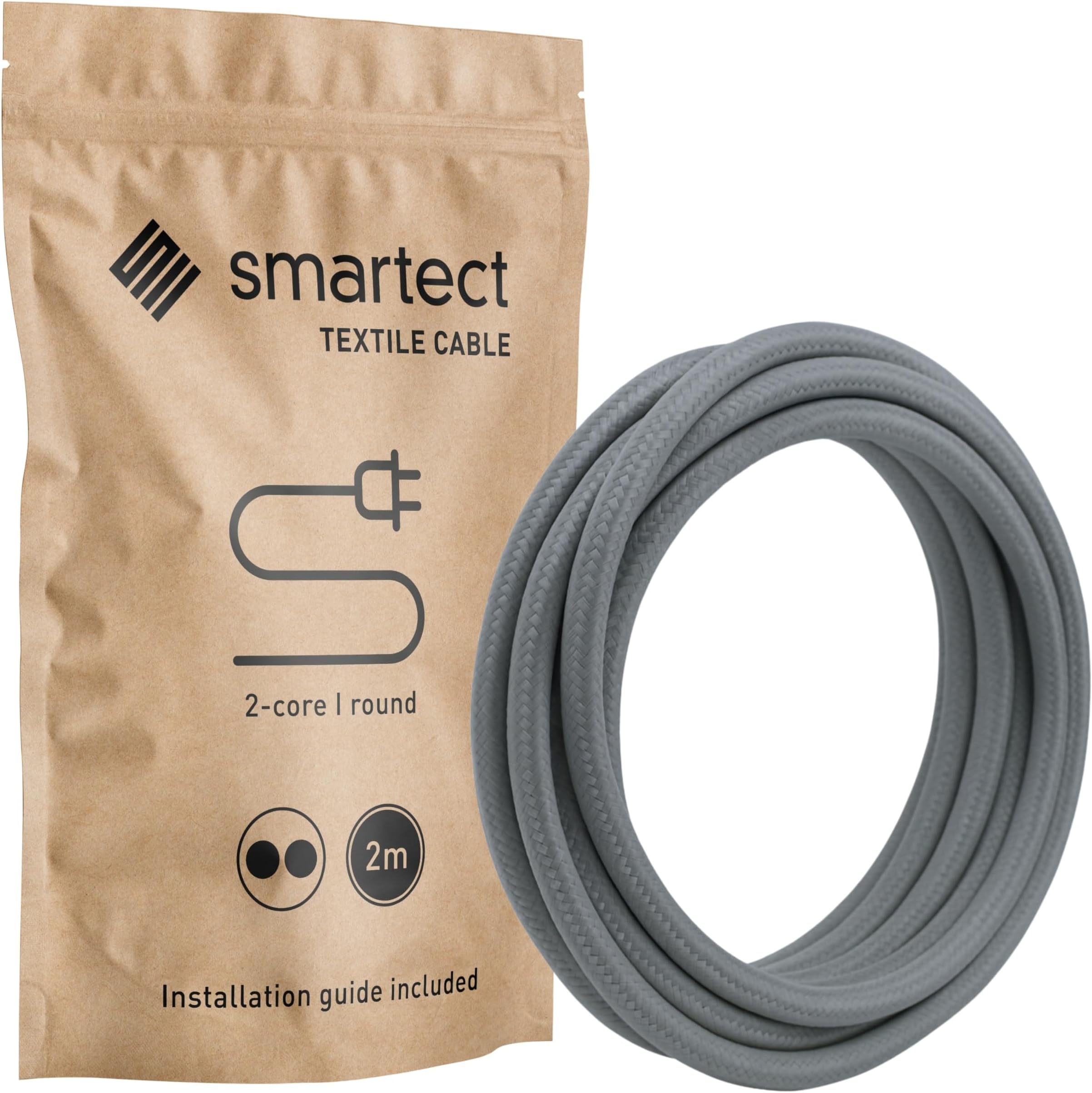 smartect Braided Cable, Dark Grey, 2 Metres 2 Core Electrical Cable (2 x 0.75mm²) Vintage Fabric Electrical Wire for your DIY project