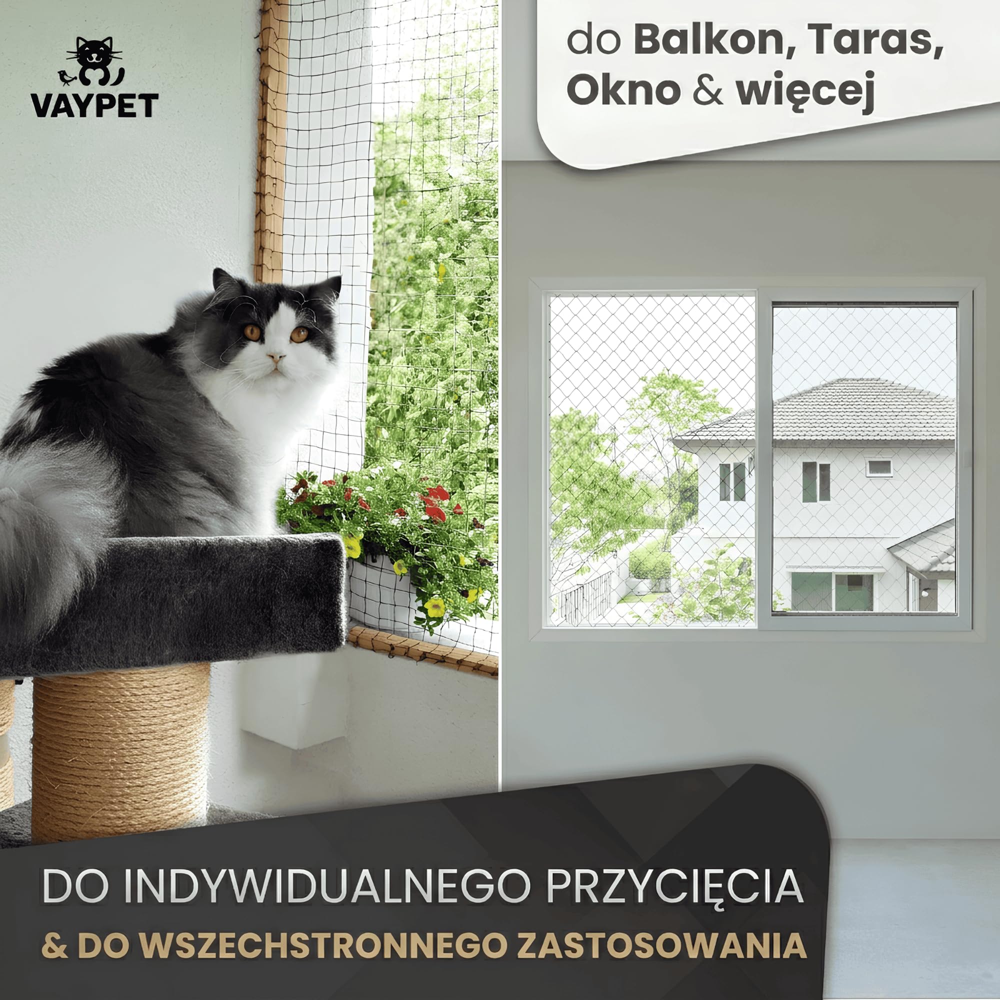 VAYPET® Siatka dla Kota na Balkon [4x3m] - bez Wiercenia, wzmocniona | W zestawie Haczyki + Klej Silikonowy | Siatka wzmocniona Drutem | Siatka Ochronna dla Kota na Balkon, Okno